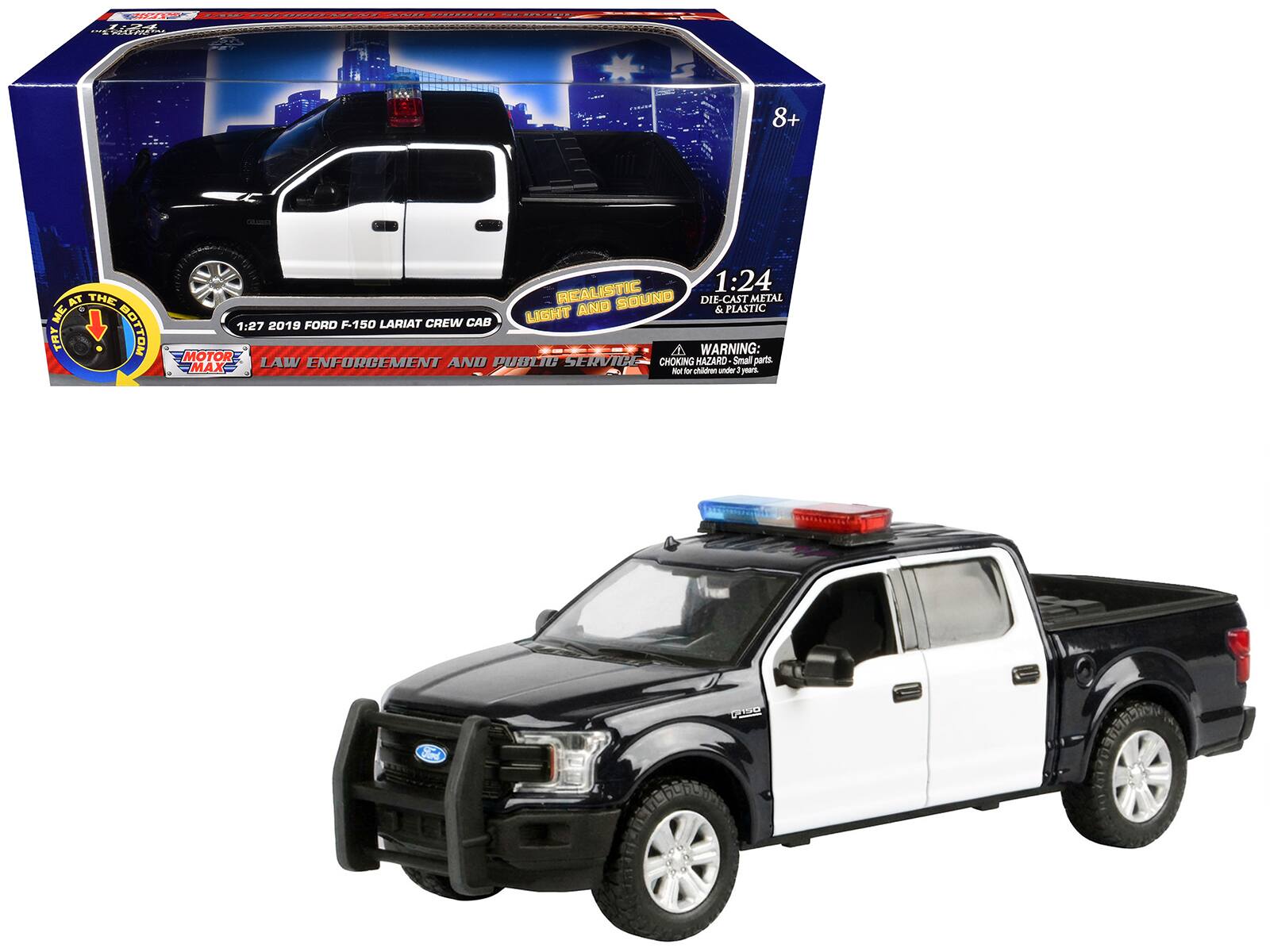 8+ 1:24 AT THE REALISTIC SOUND DIE-CAST METAL ME LIGHT AND & PLASTIC 1:27 2019 FORD F-150 LARIAT CREW CAB TRY BOTTON MOTOR A WARNING: LAW ENFORCEMENT AND PUBLIC SERVICE CHOKING HAZARD Small parts. MAX Air children under 3 years.