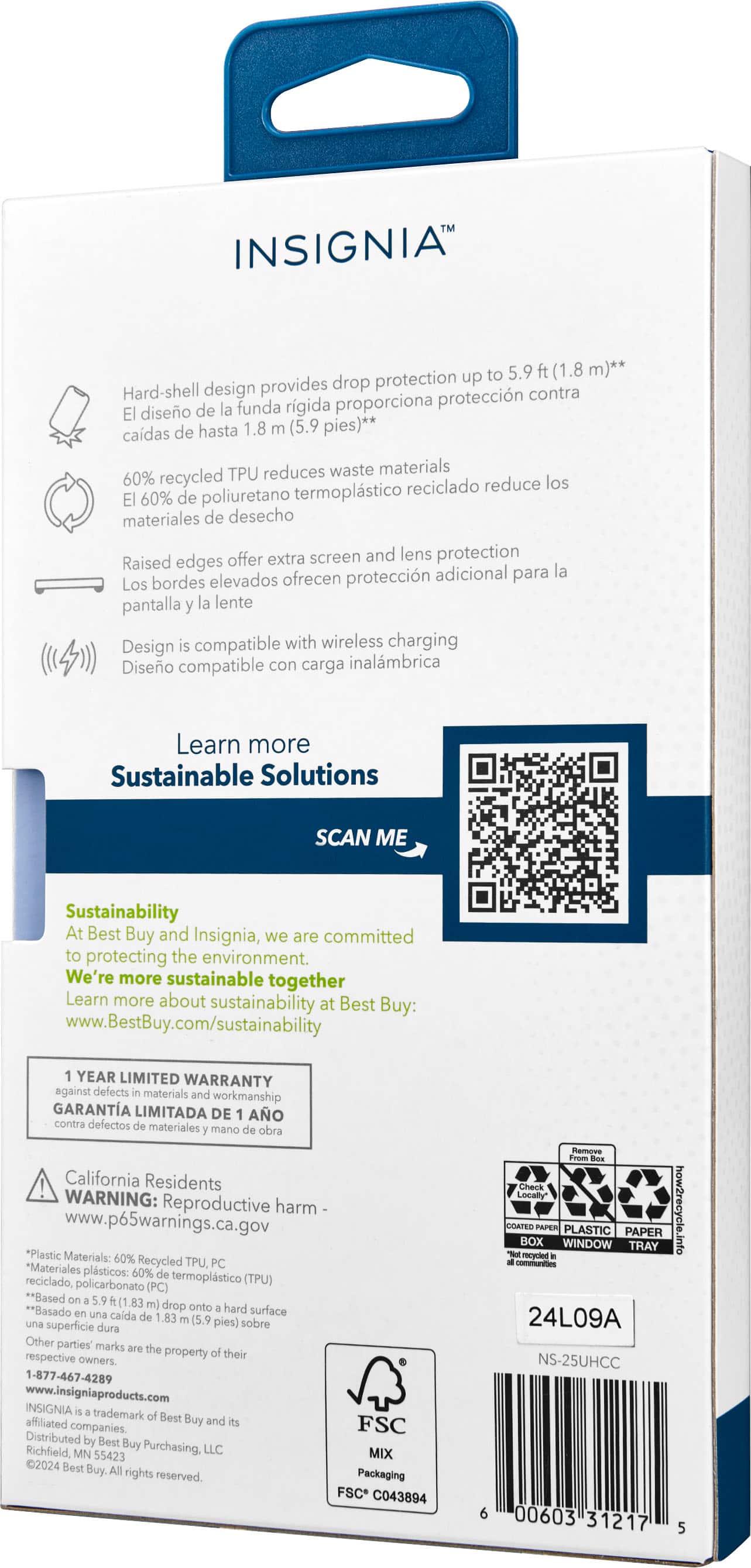 The image shows a white box with a blue handle, containing an Insignia phone case. The box has a barcode on the back and a QR code on the front. The box also has a warning label about reproductive harm. The box is designed to provide drop protection up to 5.9 feet (1.8 meters) and features a hard-shell design that reduces waste materials. The case is compatible with wireless charging and offers extra screen and lens protection. The box also contains information about the company's commitment to sustainability and a year limited warranty against defects in materials and workmanship.