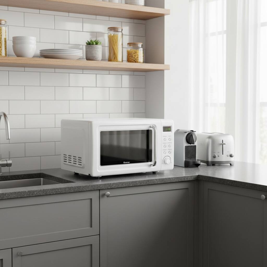 Angle. Forest'nSky - 700W Retro Style Microwave Oven Countertop, Auto Cooking & 5 Power Settings, Compact for Small Spaces,White - White.