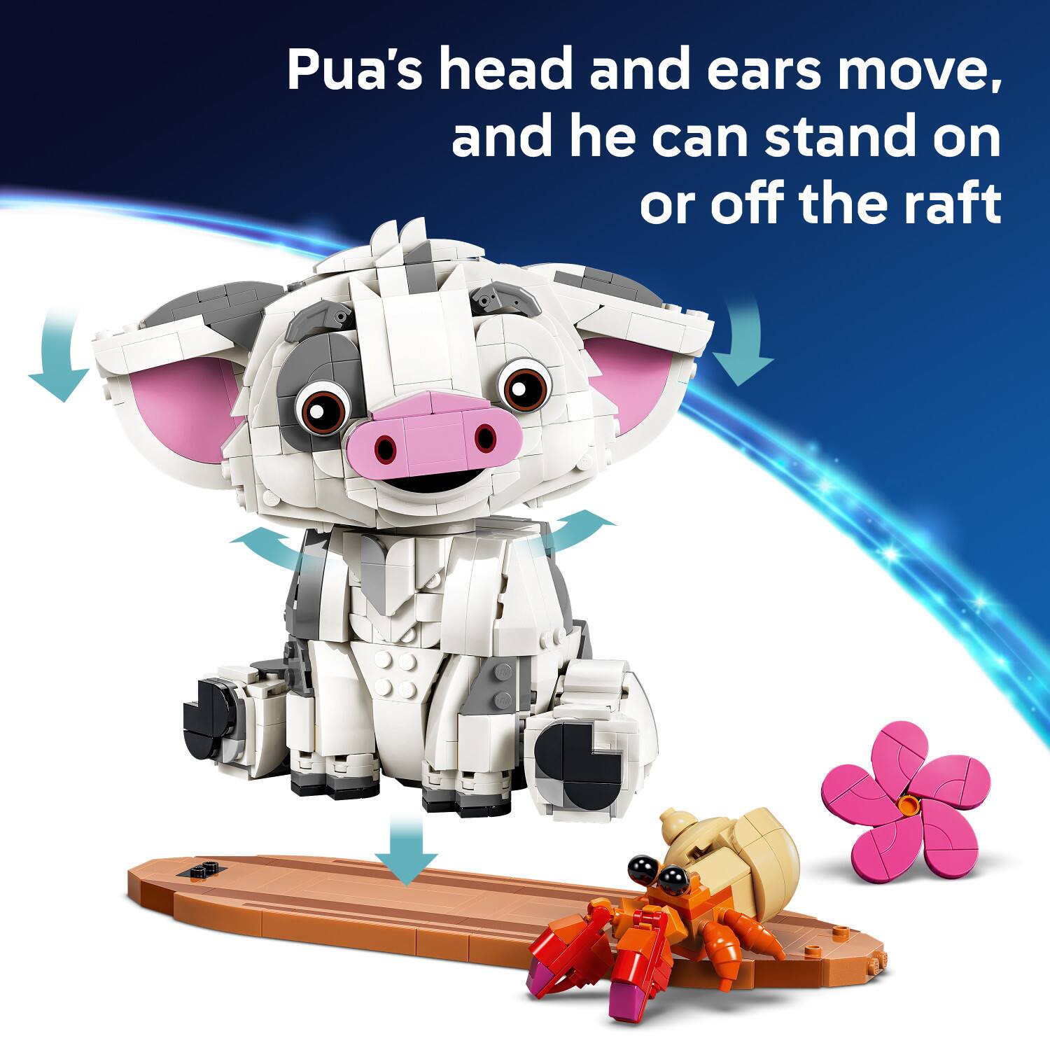 Pua's head and ears move, and he can stand on or off the raft
