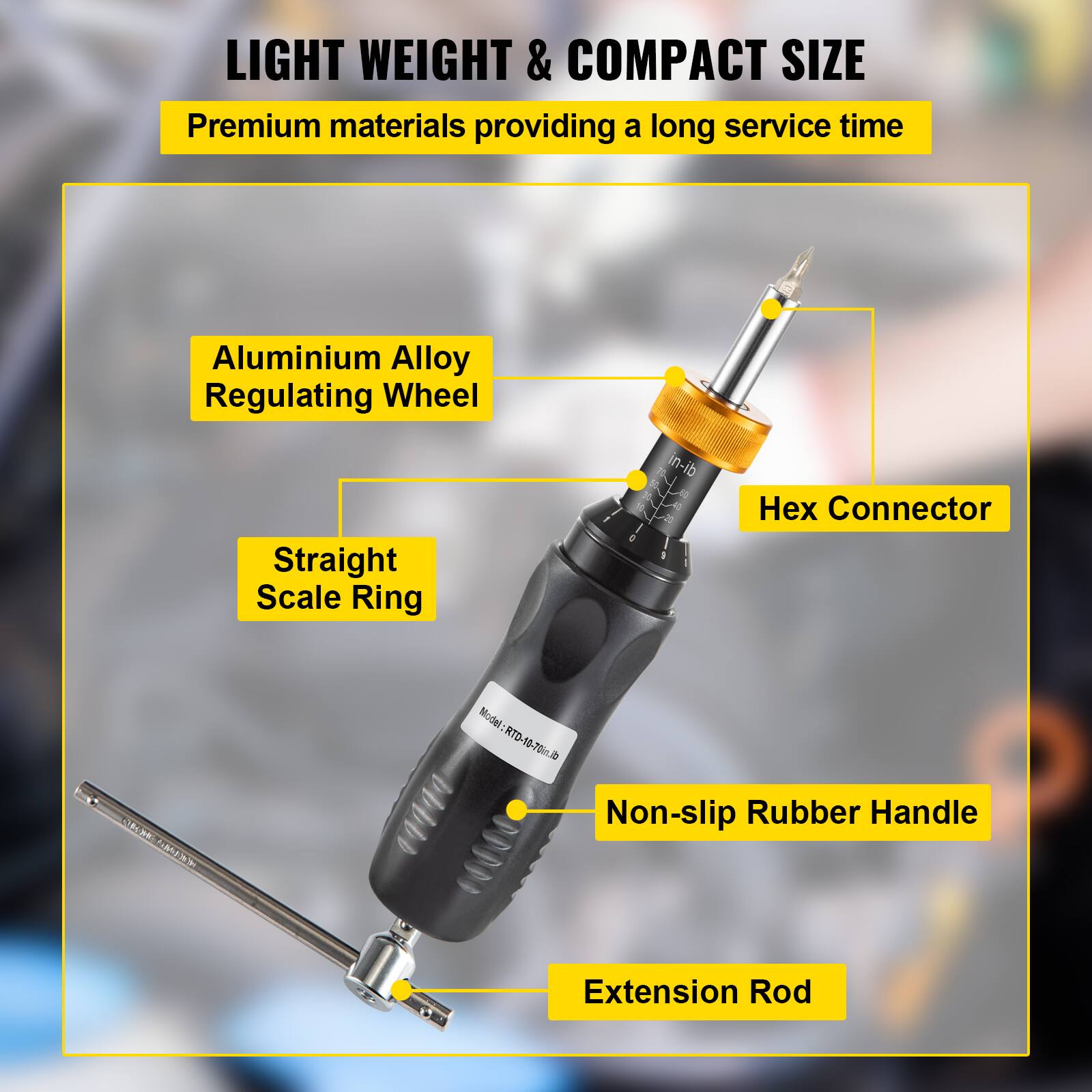 LIGHT WEIGHT & COMPACT SIZE  
Premium materials providing a long service time  

- Aluminium Alloy Regulating Wheel  
- Straight Scale Ring  
- Hex Connector  
- Non-slip Rubber Handle  
- Extension Rod  

Model: RTD-10-70i