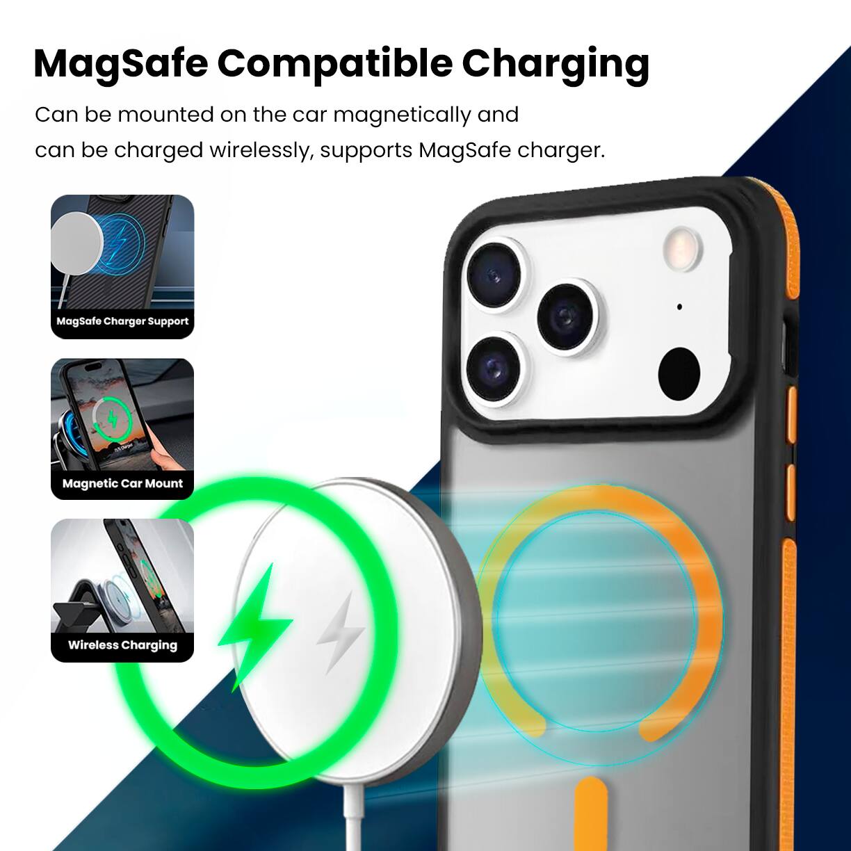 MagSafe Compatible Charging

Can be mounted on the car magnetically and can be charged wirelessly, supports MagSafe charger.

- MagSafe Charger Support
- Magnetic Car Mount
- Wireless Charging