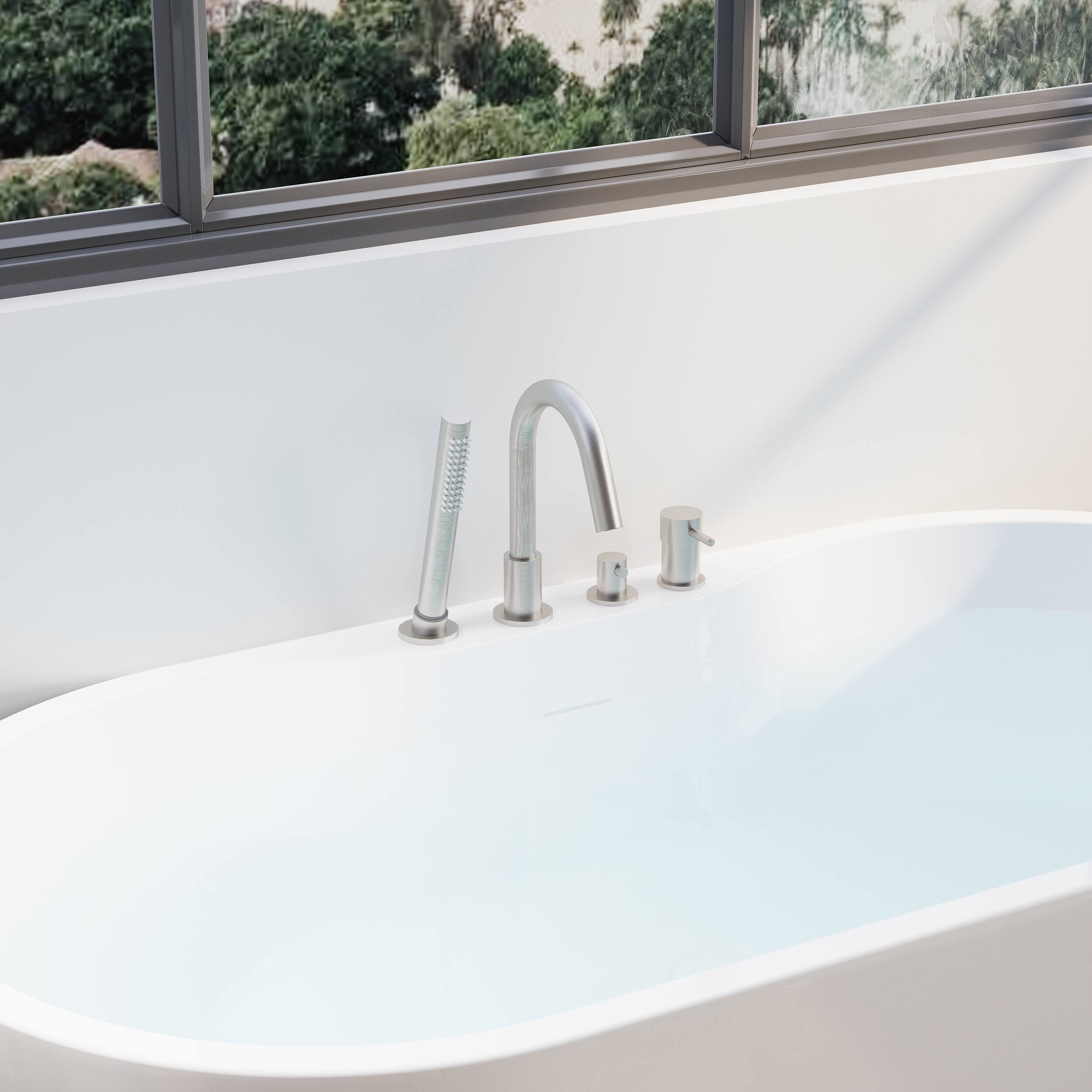 Back. WELLFOR - Nava 57 in. x 29.5 in. Acrylic Oval Freestanding Soaking Bathtub with Center Drain and Widened Deck for Storage - White.