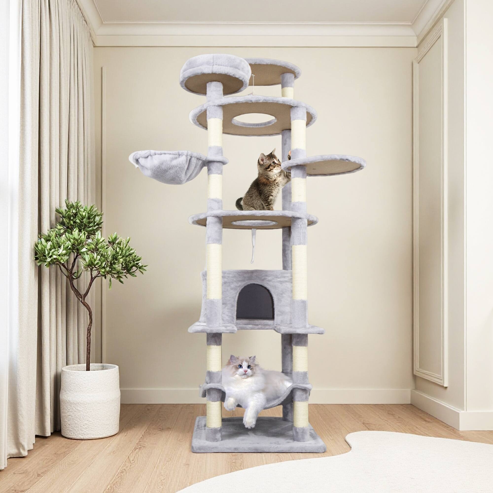 Left. Dexmalle - Dexmalle-78.8 In Cat Tree Tower with Wide Base 12 Sisal Scratching Post, Big Hammock and Large Top Platform-Light Gray - Light Gray.