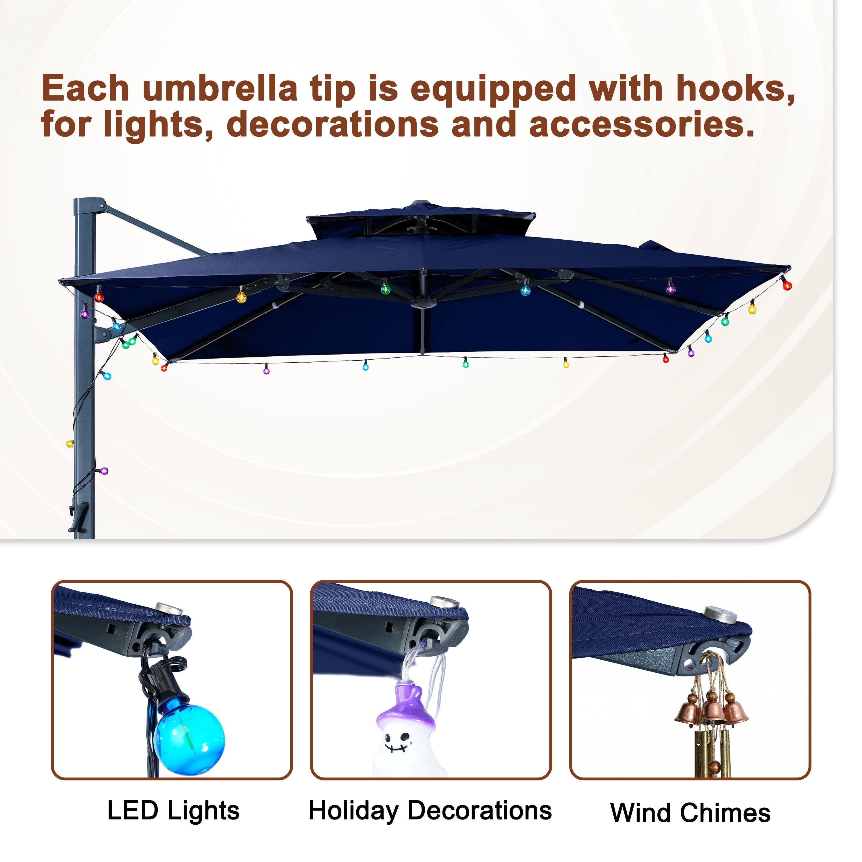 Each umbrella tip is equipped with hooks, for lights, decorations and accessories.

6 LED Lights Holiday Decorations Wind Chimes