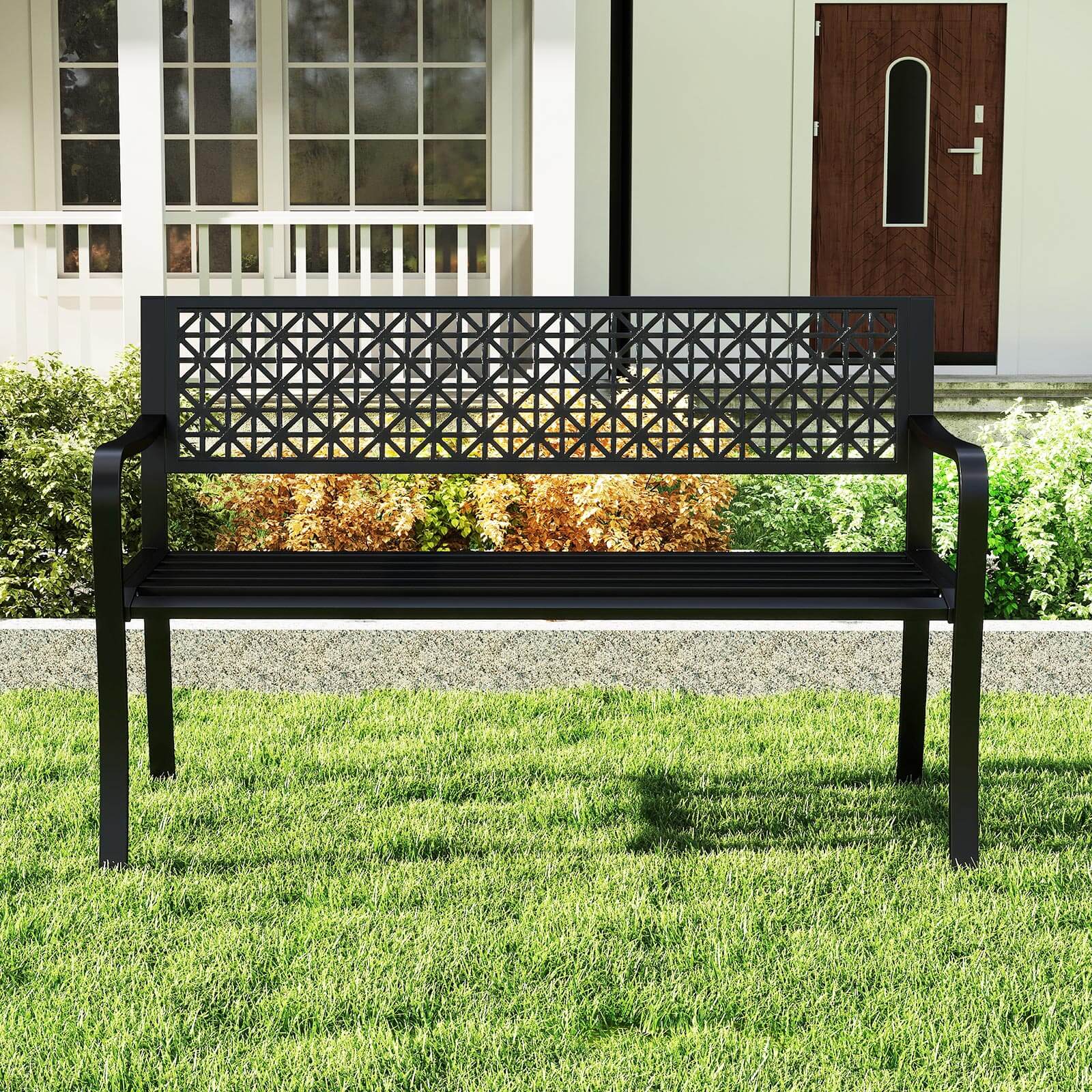 Alt View 4. Costway - Costway 50" Garden Bench with Patterned Backrest and Curved Armrests for Porch Lawn - Black.