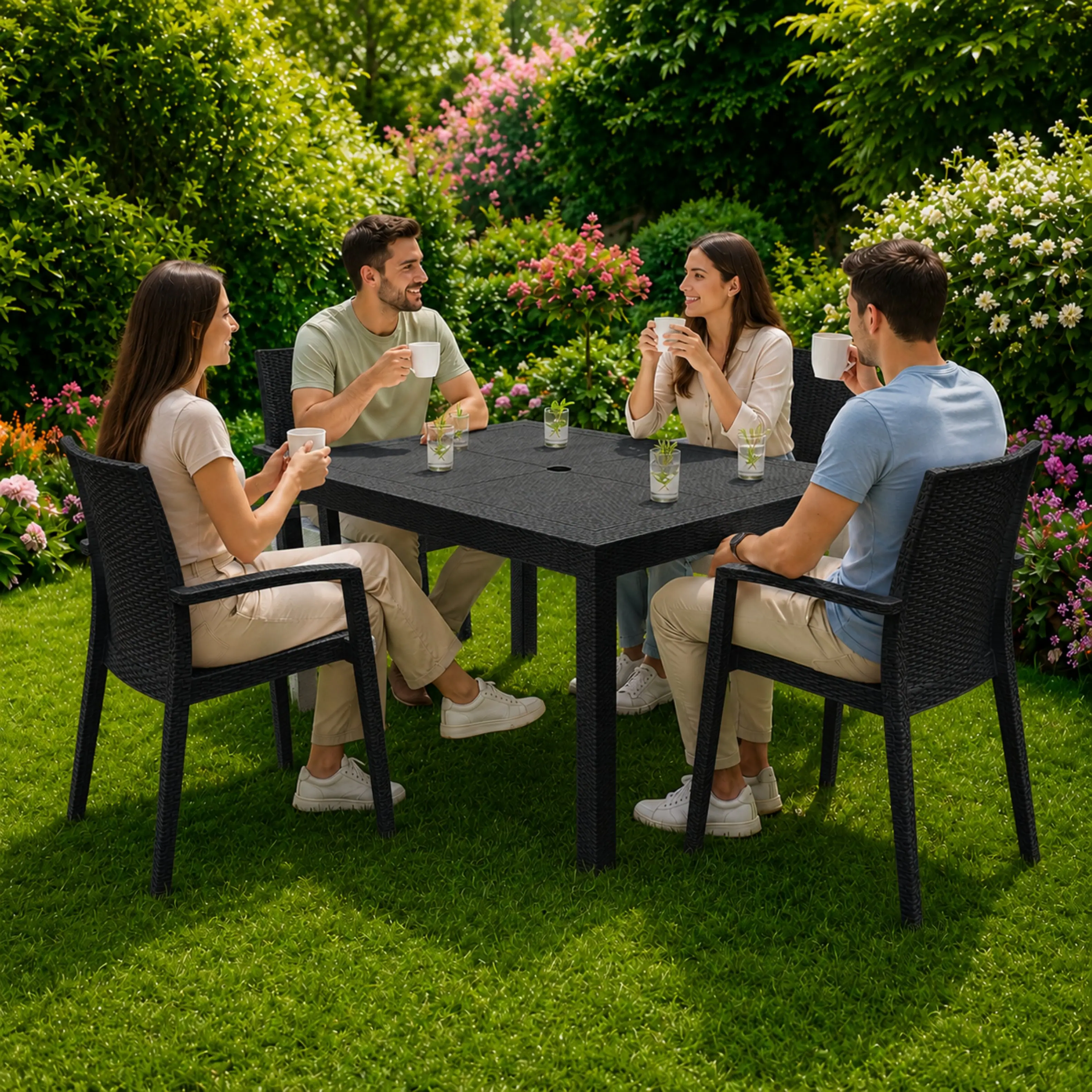 Alt View 4. LeisureMod - Mace 4-Pieces Modern Woven Pattern Dining Chairs - Waterproof Stackable Indoor Outdoor Patio Chairs - Black.
