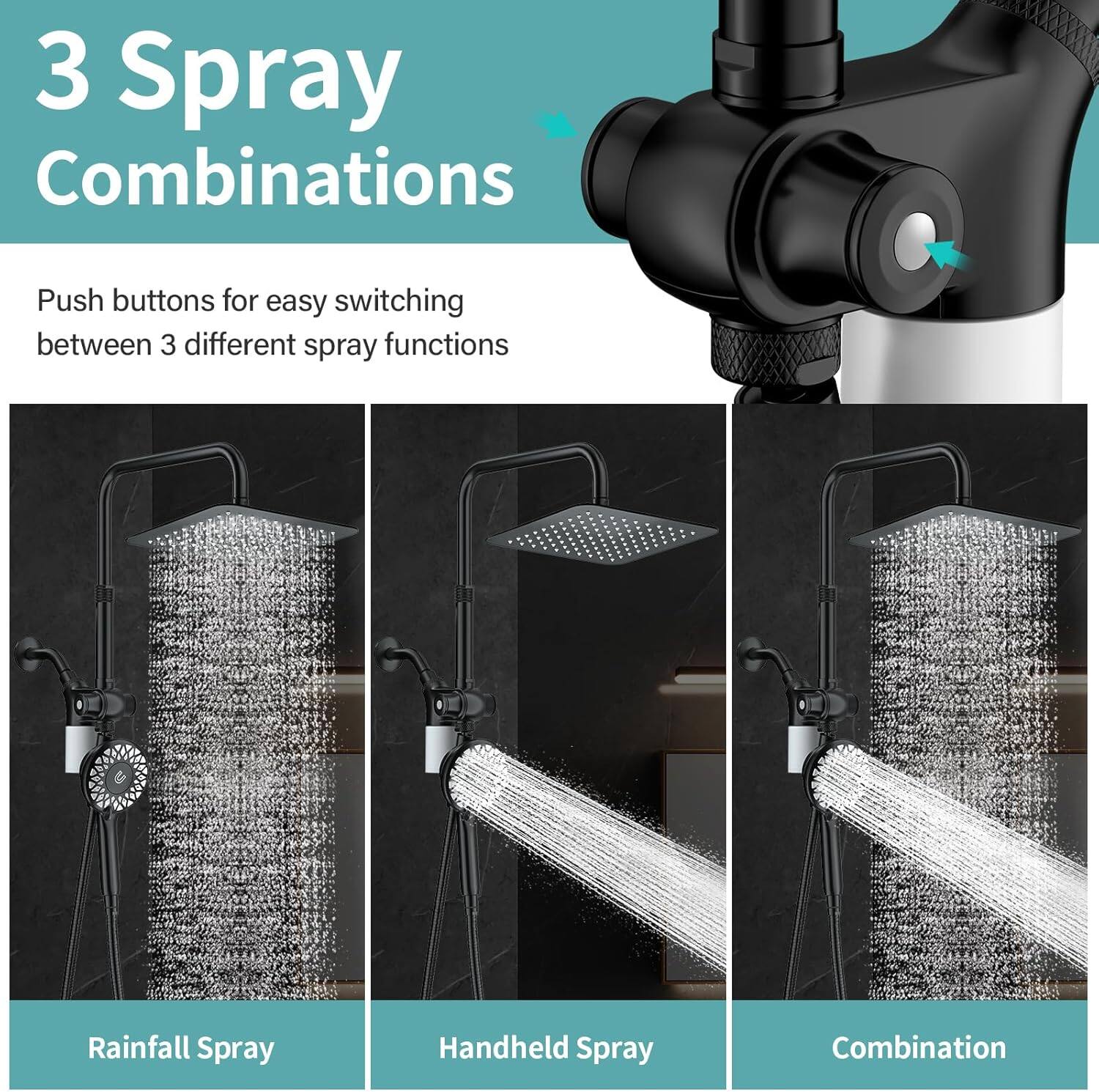 3 Spray Combinations

Push buttons for easy switching between 3 different spray functions

Rainfall Spray  
Handheld Spray  
Combination