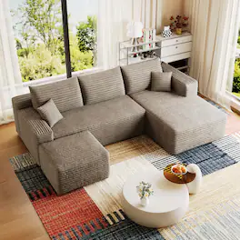 Whisen - 95" U-Shaped Modular Sectional Sofa with 1 Ottoman, Plush Corduroy Fabric Deep Seat Corner Couch - Camel