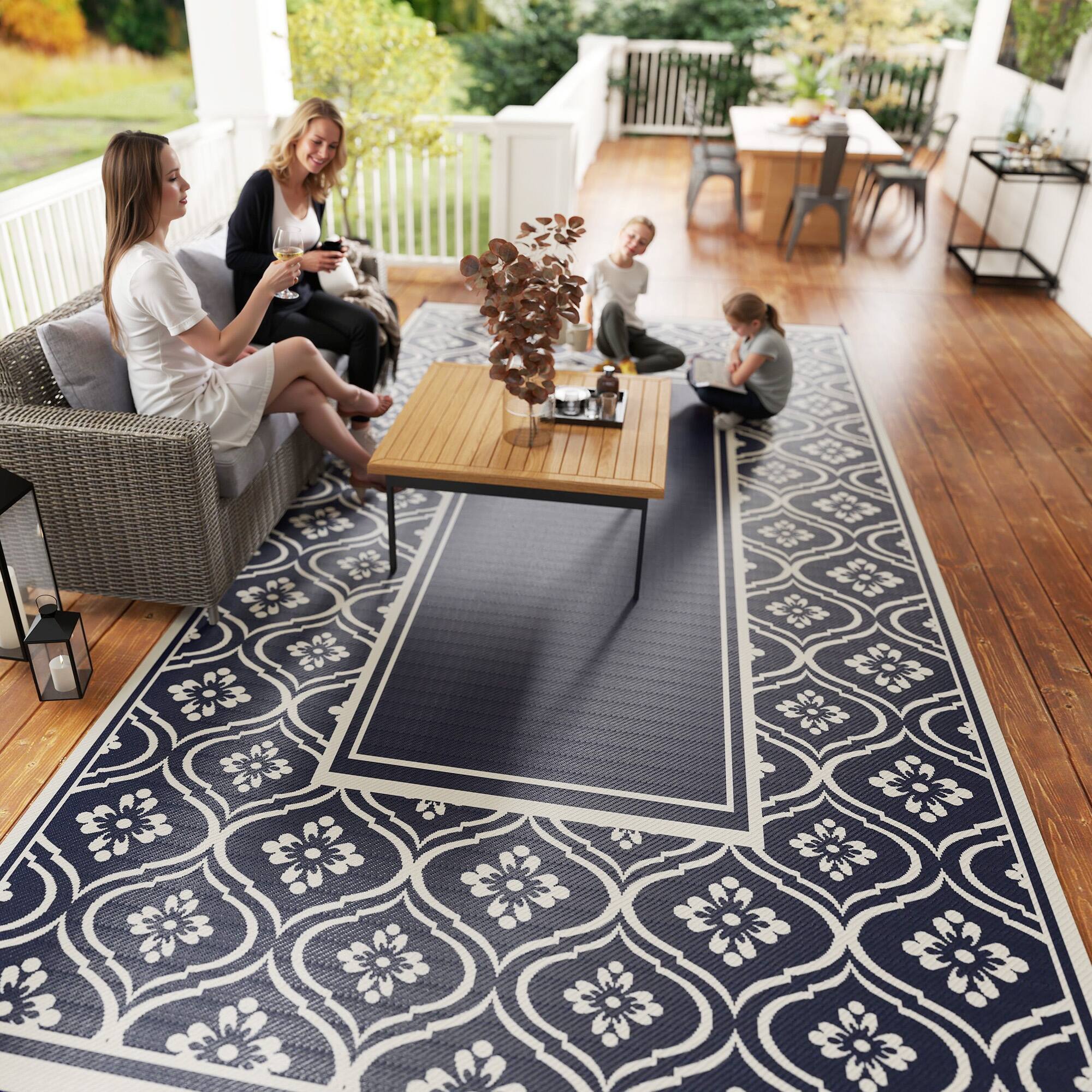 Alt View 8. Outsunny - Outdoor Rug for Patio, 9' x 18' Waterproof Large Mat, Reversible Plastic Straw Rug for Décor - Blue and White Gourd Border.