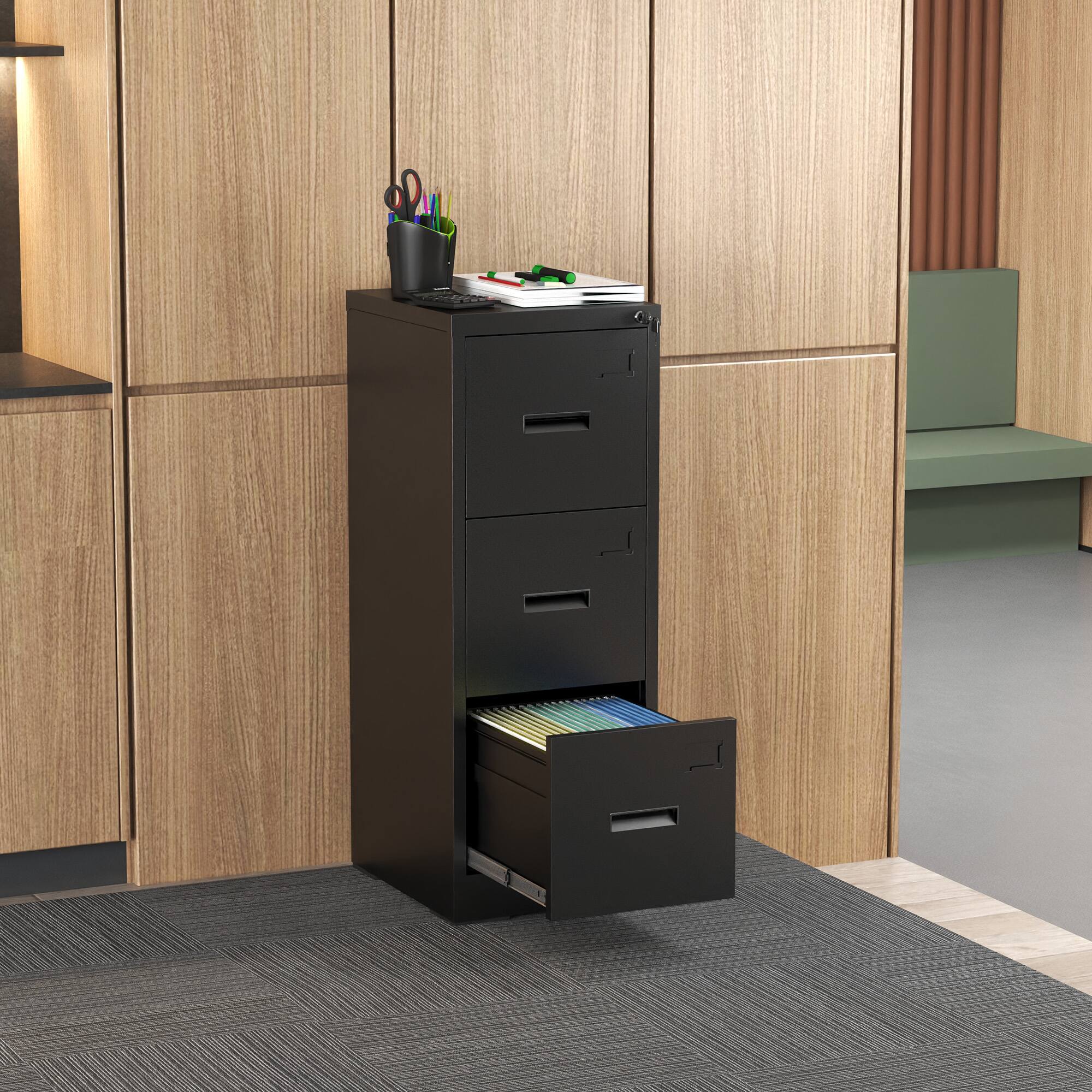 Alt View 7. Ecooso - 3 Drawer Vertical File Cabinet with Lock, Metal Office File Cabinet with Card Slot for Letter Legal A4 Files - Black.