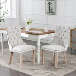 LUCKY ONE - Assembled Tufted Linen Dining Chair Set of 2 with Wood Legs Nailhead Trim High Back - Beige
