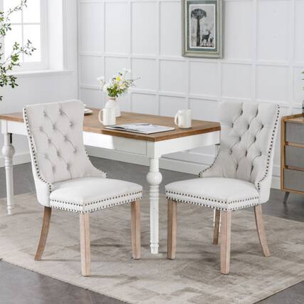 Front. LUCKY ONE - Assembled Tufted Linen Dining Chair Set of 2 with Wood Legs Nailhead Trim High Back - Beige.