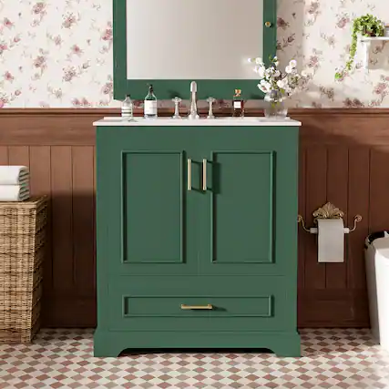 Front. Boyel Living - 30 Inch Green Bathroom Vanity with Ceramic Sink Soft Close Doors Divider Drawer Double Door Shelves - Black.