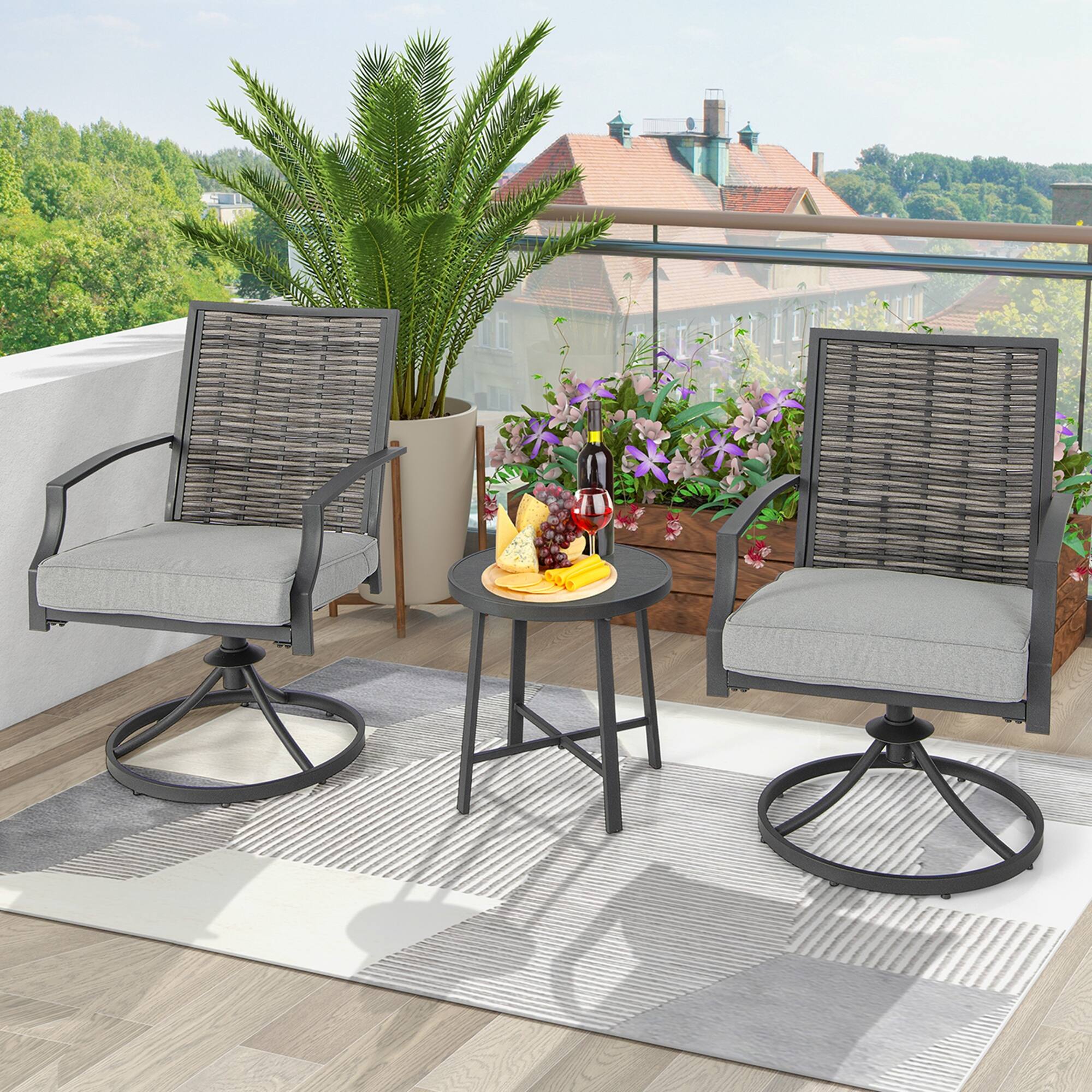 Alt View 1. Gymax - Gymax 3PCS Swivel Chair Set Coffee Table Wicker Cushioned Seat Balcony Porch Patio - Brown.
