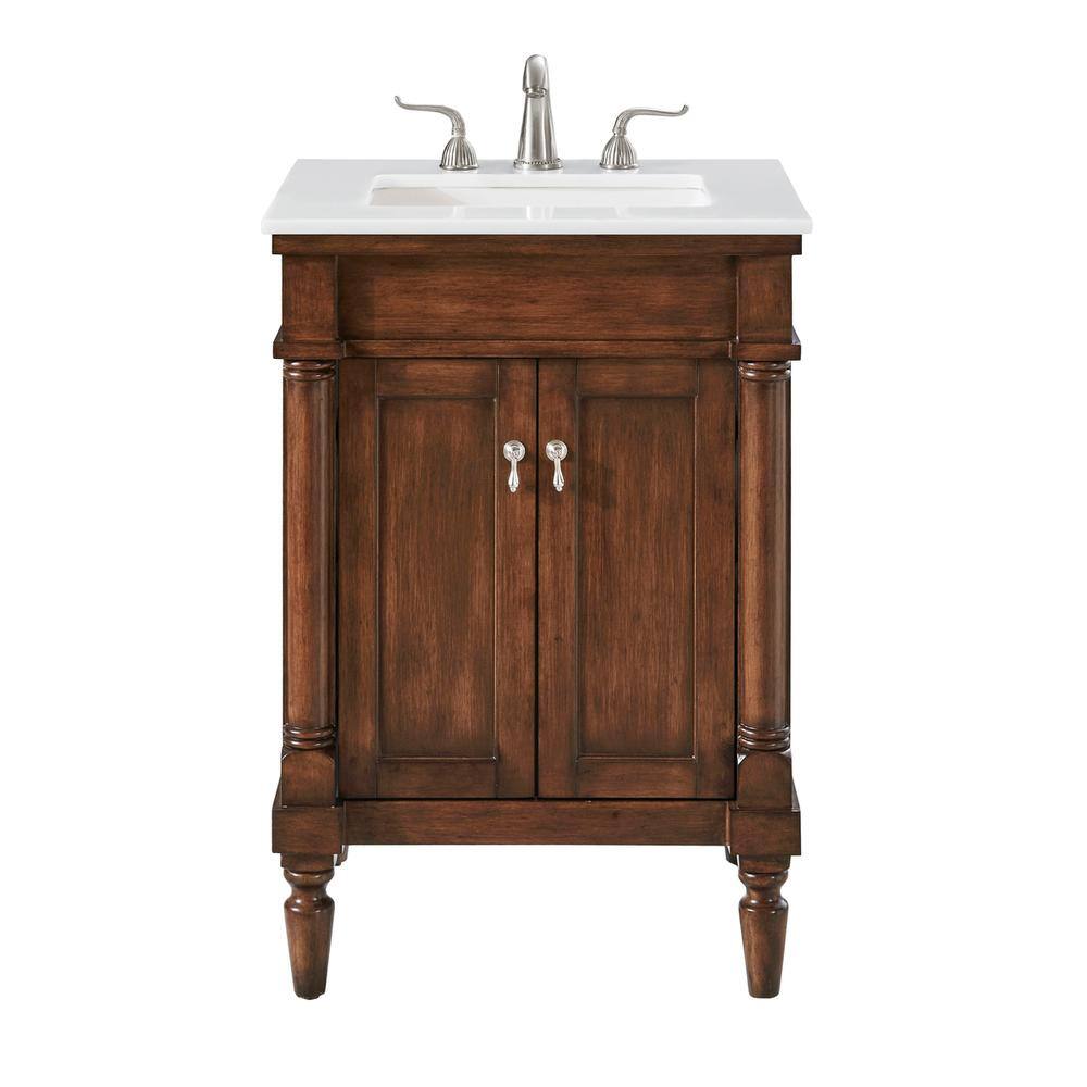 Front. Elegant Kitchen and Bath - 24 inch Single Bathroom vanity in Walnut with ivory white engineered marble - Walnut.