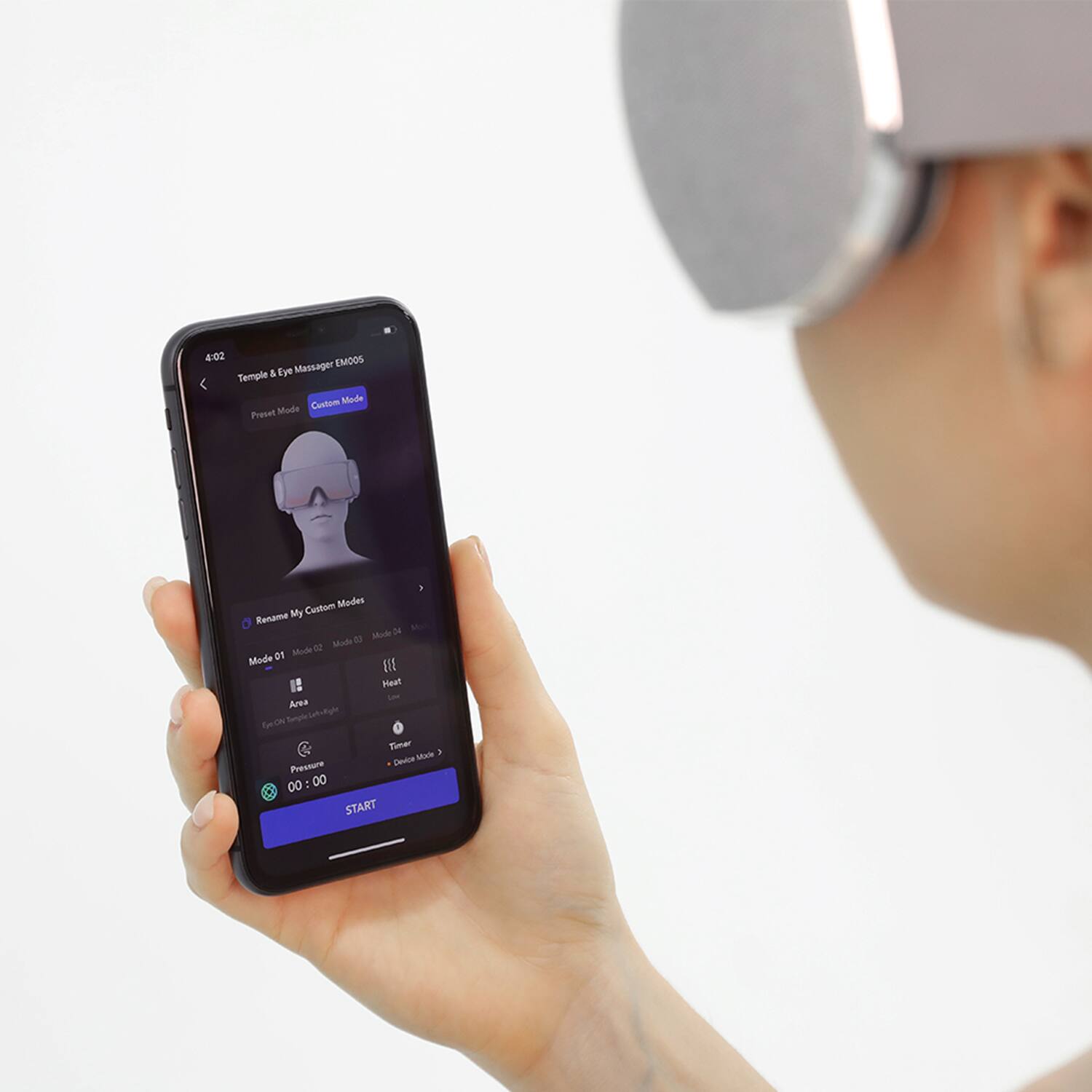 4:02 EMOOS Temple & Eye Massager Custom Mode Preset Mode Custom Mode Rename My Custom Modes Mode 01 Mode 02 Mode 03 Mode 04 Area Heat Timer Pressure Device Mode 00:00 START