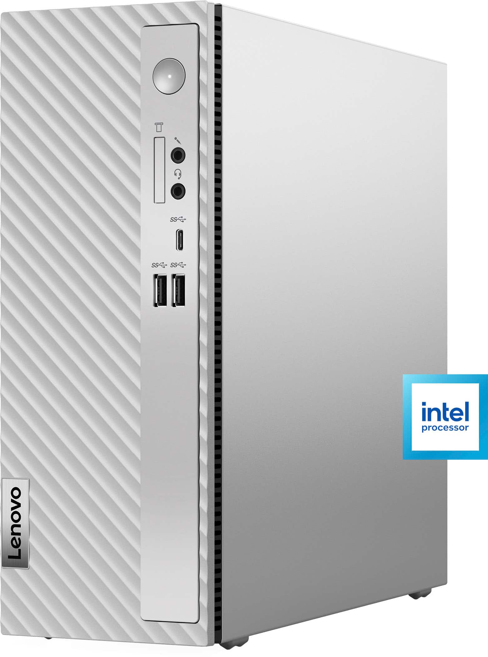 The text on the image reads "Intel processor Lenovo." This indicates that the computer is powered by an Intel processor and is manufactured by Lenovo.
