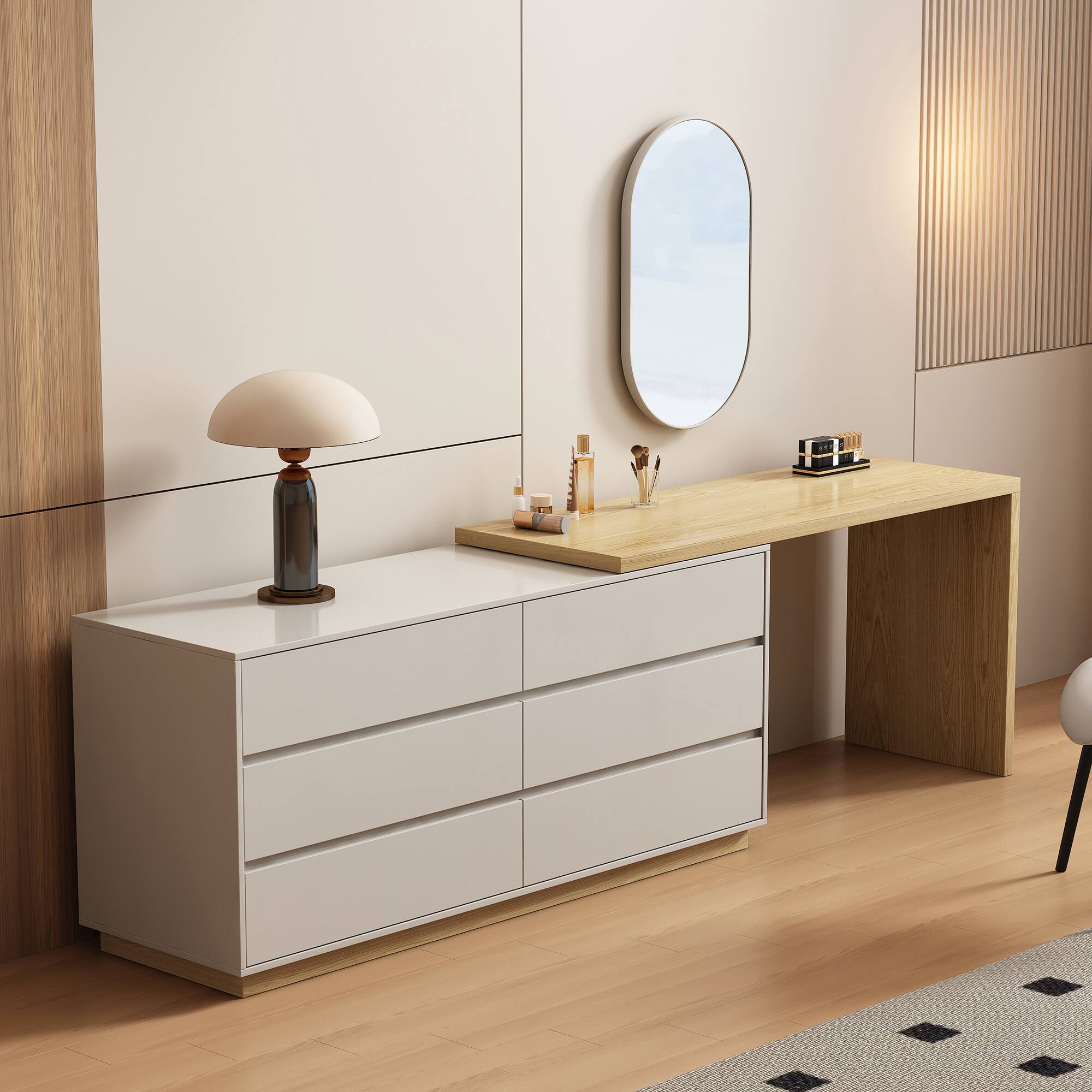 luck idea - Modern Minimalist Expandable Vanity Desk with 6 Drawers, Space-Saving Dresser for Bedroom - Natural Wood Color