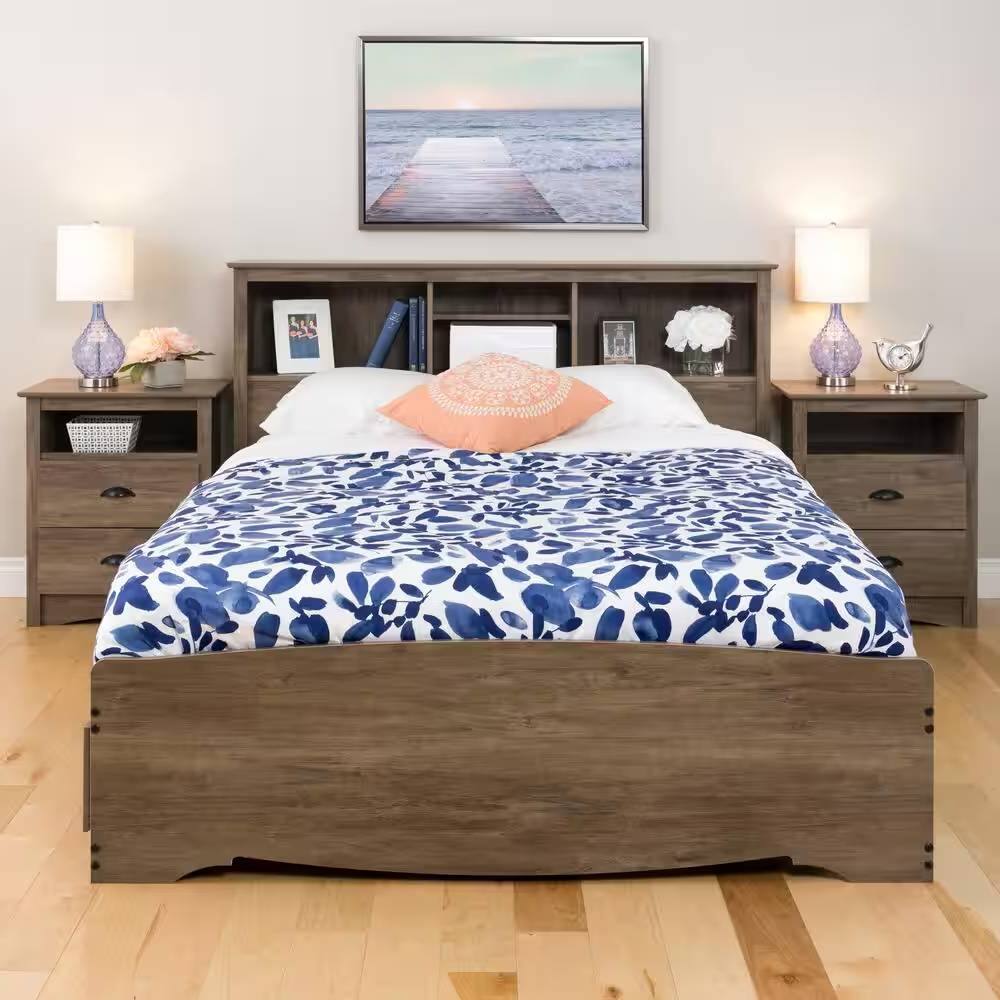 Left. Hivvago - Full / Queen size Freestanding Bookcase Headboard in Grey Brown Wood Finish - brown.