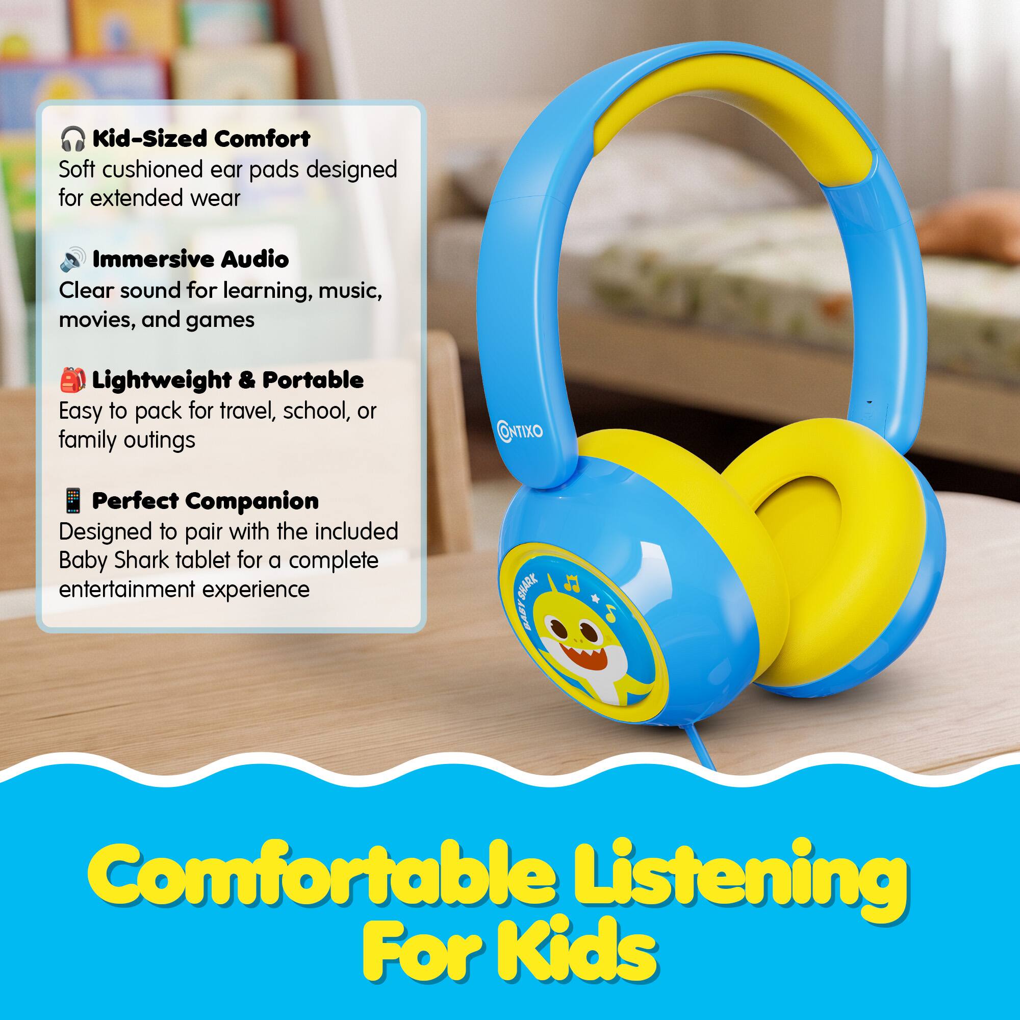 - Kid-Sized Comfort: Soft cushioned ear pads designed for extended wear
- Immersive Audio: Clear sound for learning, music, movies, and games
- Lightweight & Portable: Easy to pack for travel, school, or family outings
- Perfect Companion: Designed to pair with the included Baby Shark tablet for a complete entertainment experience
- Comfortable Listening For Kids