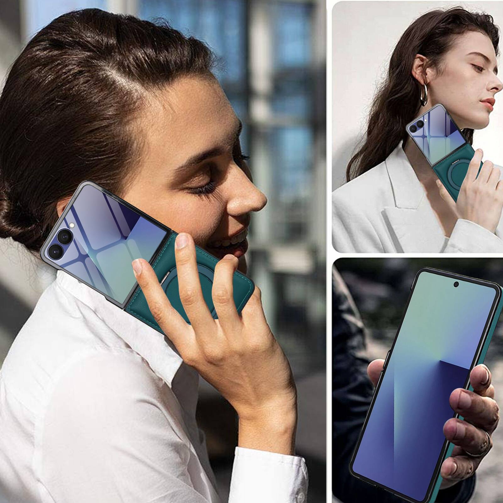 Alt View 4. Dteck - Magnetic Case for Samsung Galaxy Z Flip7,360° Ring Kickstand Built-in Screen Protector Faux Leather Shockproof Cover - Green.