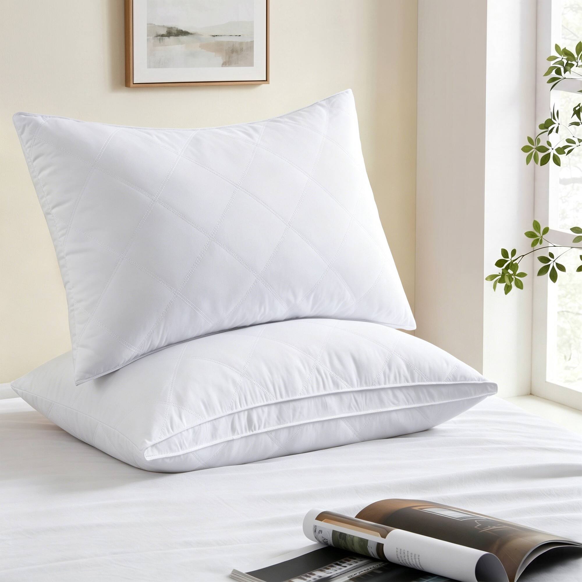 Front. Peace Nest - Peace Nest Quilted Goose Feather Pillows Set of 2 Medium Firm Bed Pillows, Oval Gusseted, Queen - Oval Gusseted.