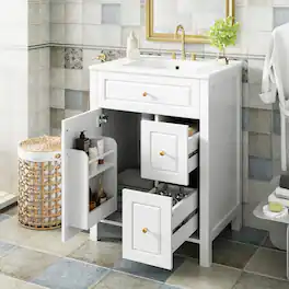 Loheer - 24-Inch Bathroom Vanity with Ceramic Sink and Soft Close Drawers - White