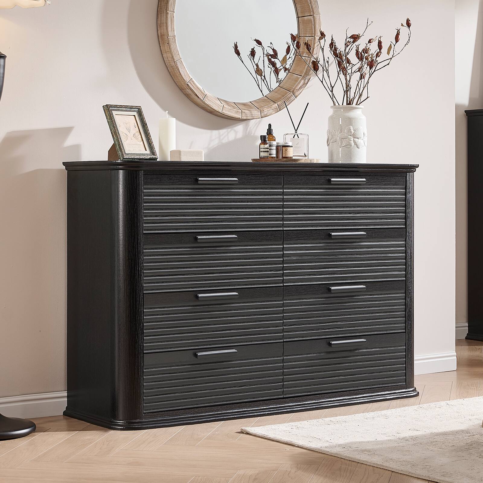 Alt View 2. Forest'nSky - Black Wood 8 drawer 52 in. Wide Chest of Drawers with Curved Profile Design for Living Room - Black.