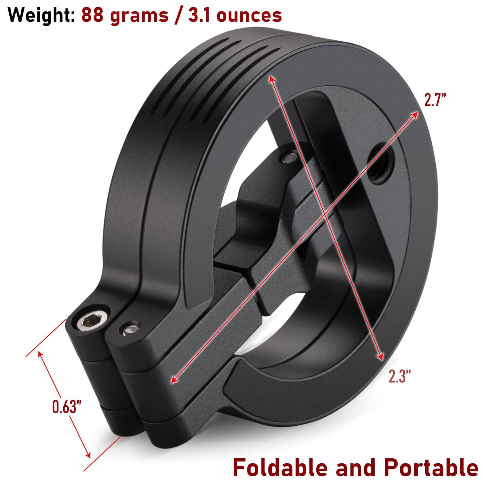 Weight: 88 grams / 3.1 ounces

Foldable and Portable

Dimensions:
- Diameter: 2.7"
- Width: 2.3"
- Thickness: 0.63"