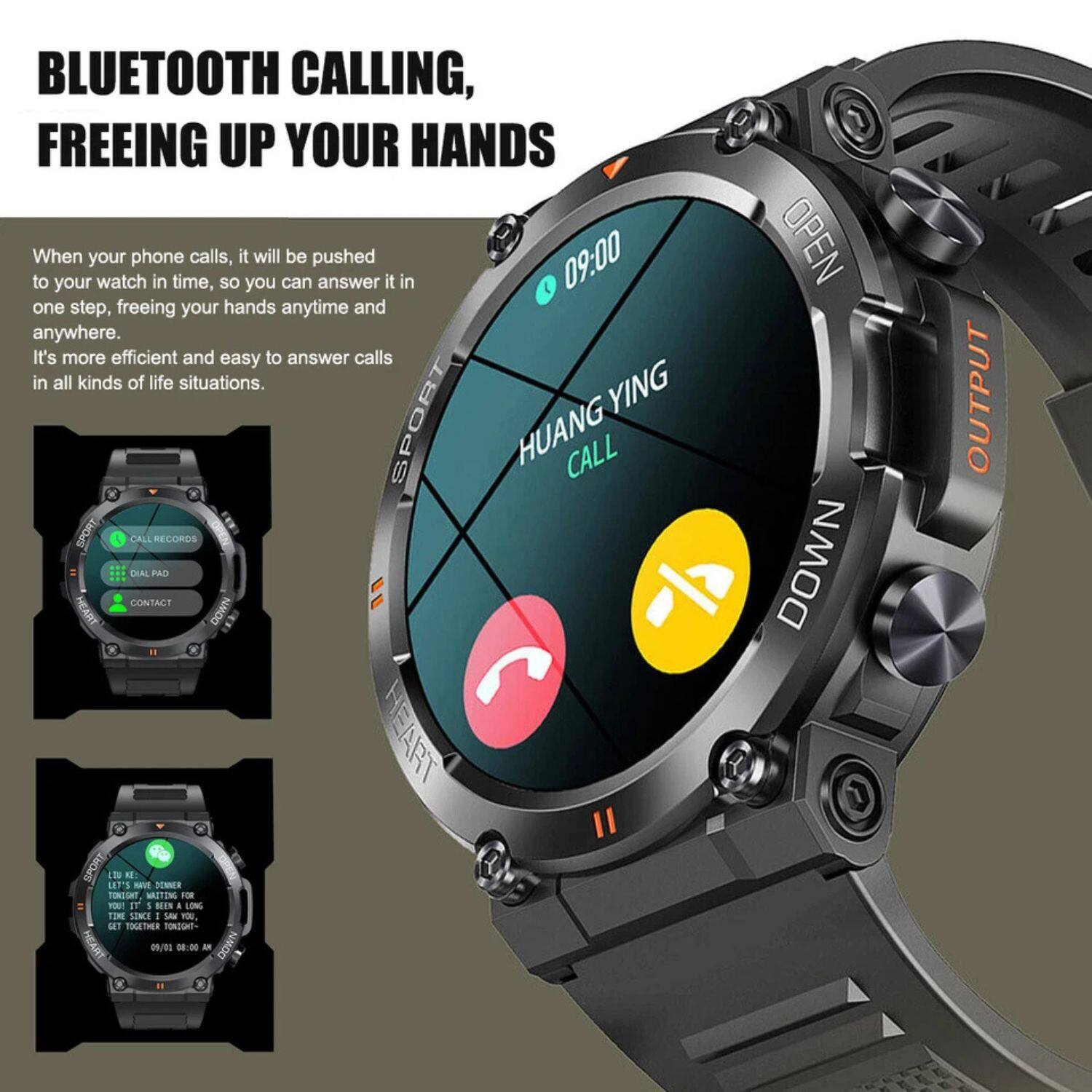 **BLUETOOTH CALLING, FREEING UP YOUR HANDS**

When your phone calls, it will be pushed to your watch in time, so you can answer it in one step, freeing your hands anytime and anywhere. It's more efficient and easy to answer calls in all kinds of life situations.

- CALL RECORDS
- DIAL PAD
- CONTACT
- HEART
- MODE
- OPEN
- OUTPUT
- DOWN

**HUANG YING CALL**

**09:00**

**LEI KEI DINNER TONIGHT, MISSING FOR TIME SINCE 15 MIN YOU, GET TOGETHER TONIGHT. 09/03 08:00 AM**