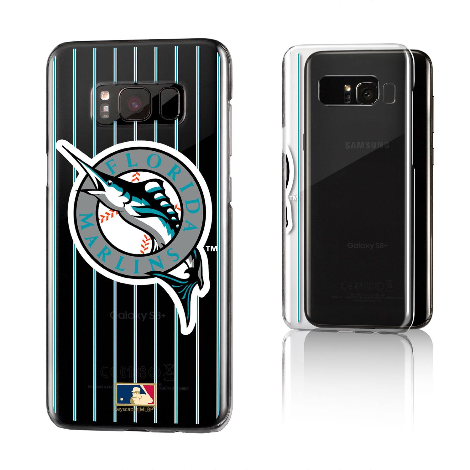 Sure, here is the corrected and grouped text from the image:

- **Front of the Case:**
  - FLORIDA MARLINS
  - Caloky SB+
  - MLBPA
  - eyscap

- **Back of the Phone:**
  - SAMSUNG
  - Galaxy S8+
  - C0180
  - MORIN
  - NOTURLS
  - CHANA
  - eyscap
  - MLBPA

- **Additional Text:**
  - CES1S8@