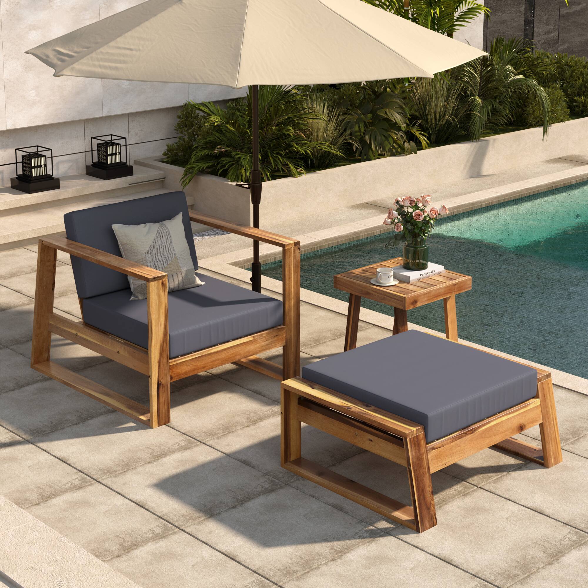 Alt View 1. Siljoy - Acacia Wood Outdoor Lounge Set Chair & Ottoman Removable Cushions, All-Weather Chaise Daybed for Patio - Natural+Grey.