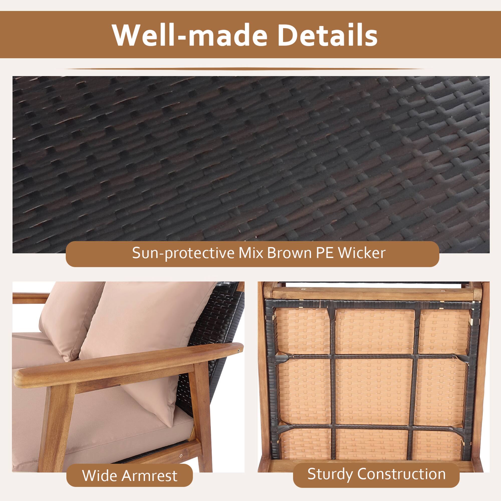 Well-made Details

- Sun-protective Mix Brown PE Wicker
- Wide Armrest
- Sturdy Construction
