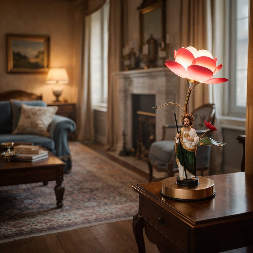 Front. FC Design - 16"H Multicolor San Judas Tadeo Religious Statue with Rose Gold Color Base Touch Lamp.