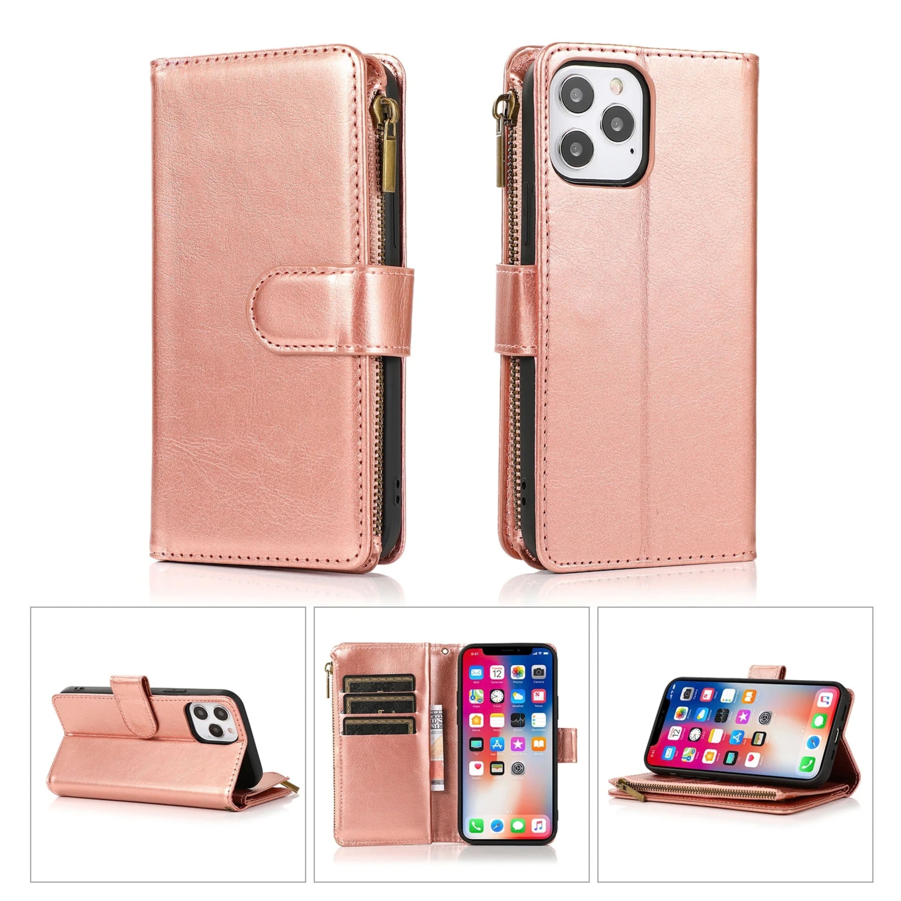 Kitcheniva - Multi Card Zipper Wallet Phone Case With ID Holder And Tempered Glass For iPhone 13 14 - Rose Gold
