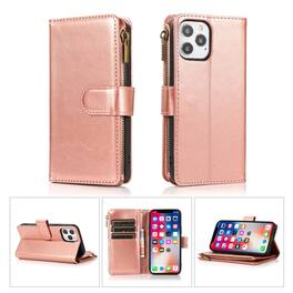 Kitcheniva - Multi Card Zipper Wallet Phone Case With ID Holder And Tempered Glass For iPhone 13 14 - Rose Gold