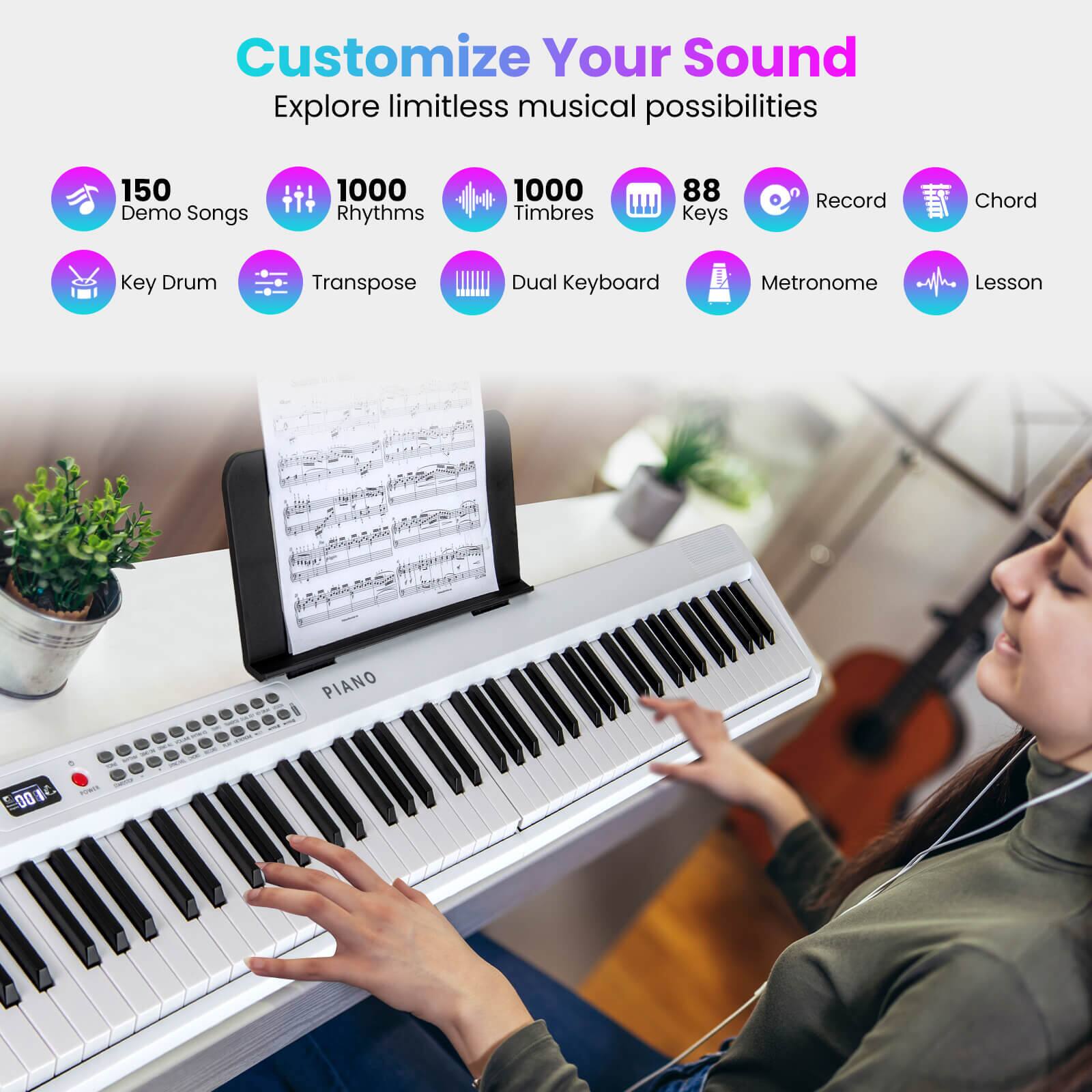 Customize Your Sound  
Explore limitless musical possibilities

- 150 Demo Songs
- 1000 Rhythms
- 1000 Timbres
- 88 Keys
- Record
- Chord
- Key Drum
- Transpose
- Dual Keyboard
- Metronome
- Lesson