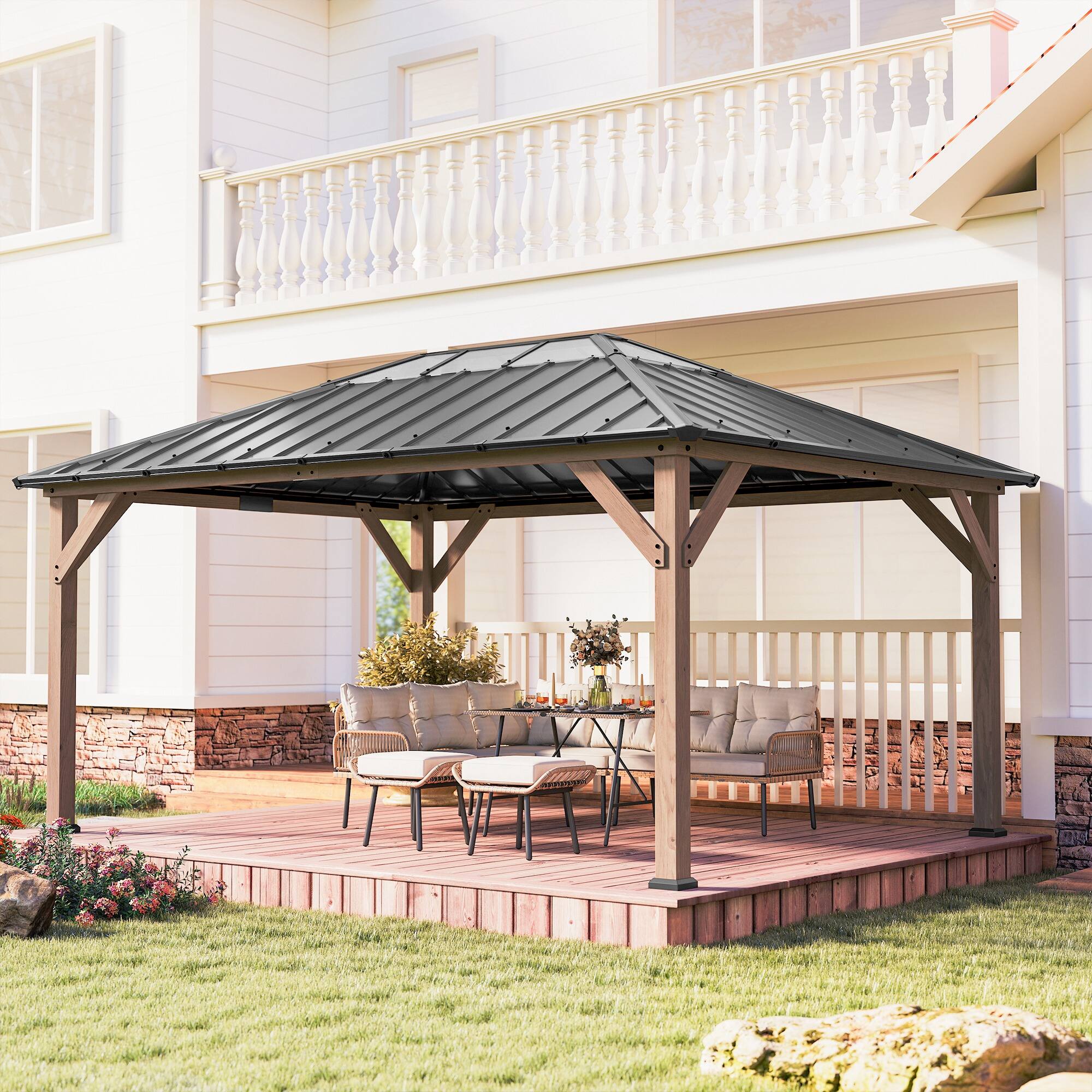 Alt View 8. Outsunny - x 16' Hardtop Gazebo with Galvanized Steel Roof, UPF50+ Wood Permanent Pavilion with Clear Roof Top.
