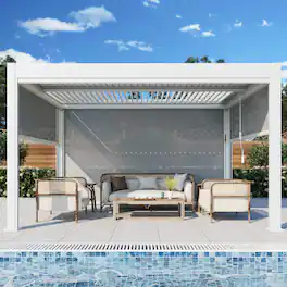 U-HOMY - 10'x13' Outdoor Aluminum Louvered Pergola Gazebo with Adjustable Rainproof Roof and Pull-Down Privacy Screen - White
