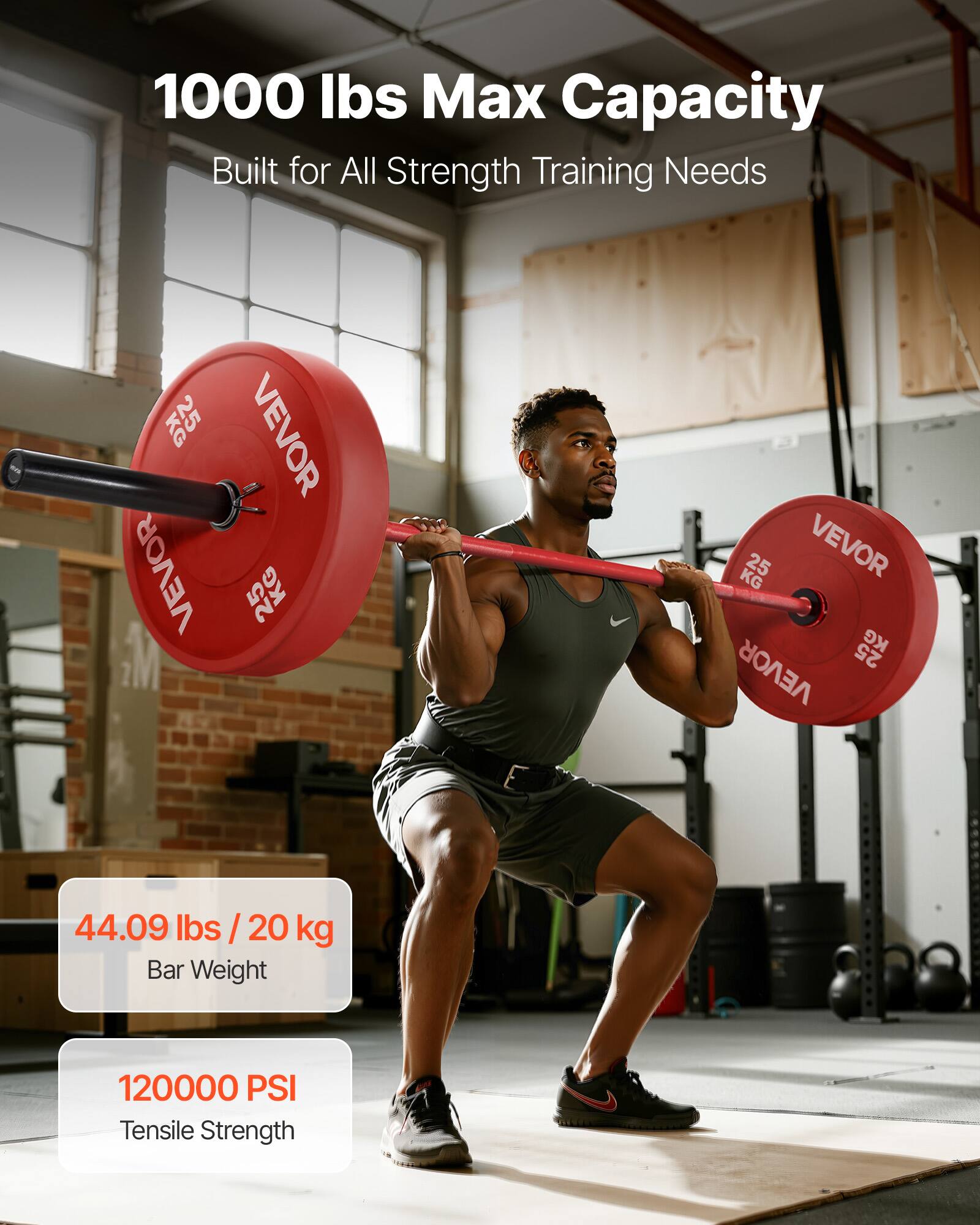 1000 lbs Max Capacity  
Built for All Strength Training Needs  

44.09 lbs / 20 kg  
Bar Weight  

120000 PSI  
Tensile Strength