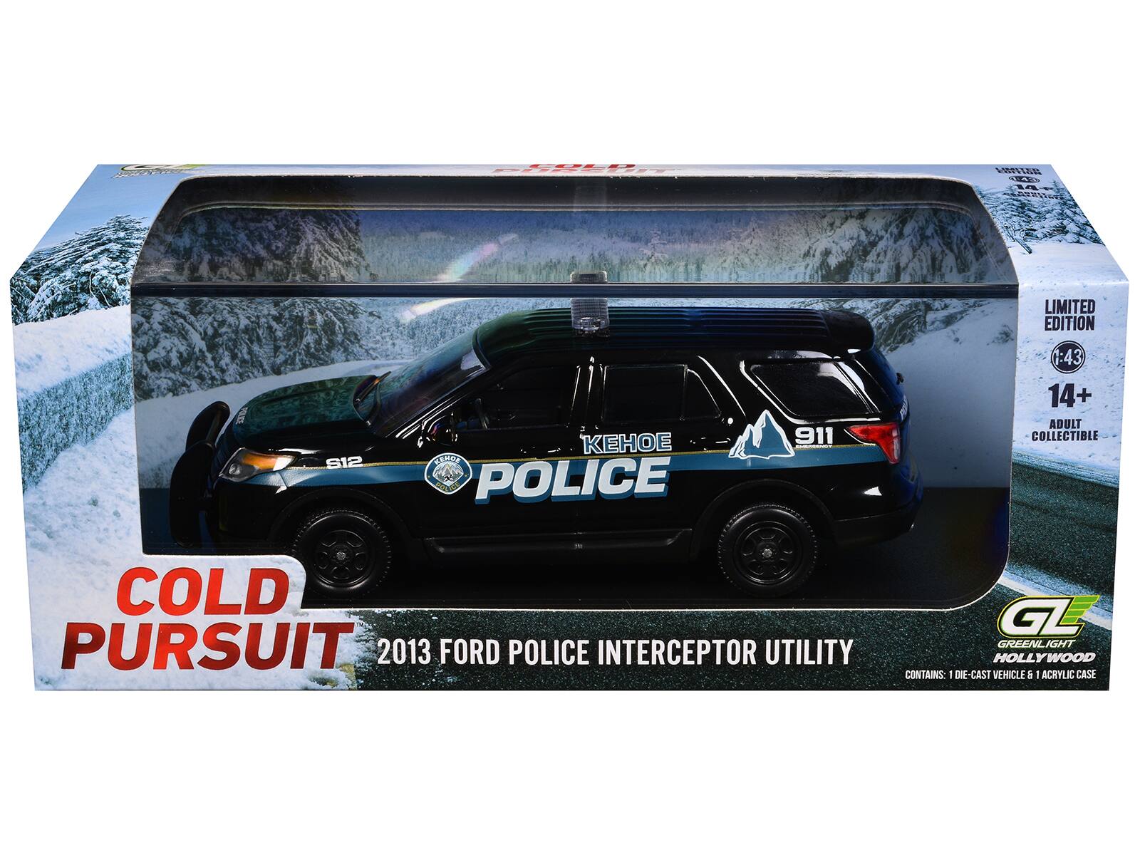Sure, here is the corrected and grouped text from the image:

---

**COLD PURSUIT**

**2013 FORD POLICE INTERCEPTOR UTILITY**

**LIMITED EDITION**

**14+ ADULT COLLECTIBLE**

**CONTAINS: 1 DIE-CAST VEHICLE & 1 ACRYLIC CASE**

**KEHOE POLICE**

**911**

**GREENLIGHT HOLLYWOOD**

**G.L.**

**LIMITED EDITION**

**1:43**

---

This text is organized to reflect the information on the packaging accurately.