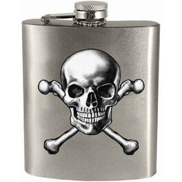 Spoontiques - Skull and Crossbones Metal Hip Flask with Funnel 7 ounce - Silver