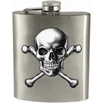 Front. Spoontiques - Spoontiques Skull and Crossbones Metal Hip Flask with Funnel 7 ounce - Silver.