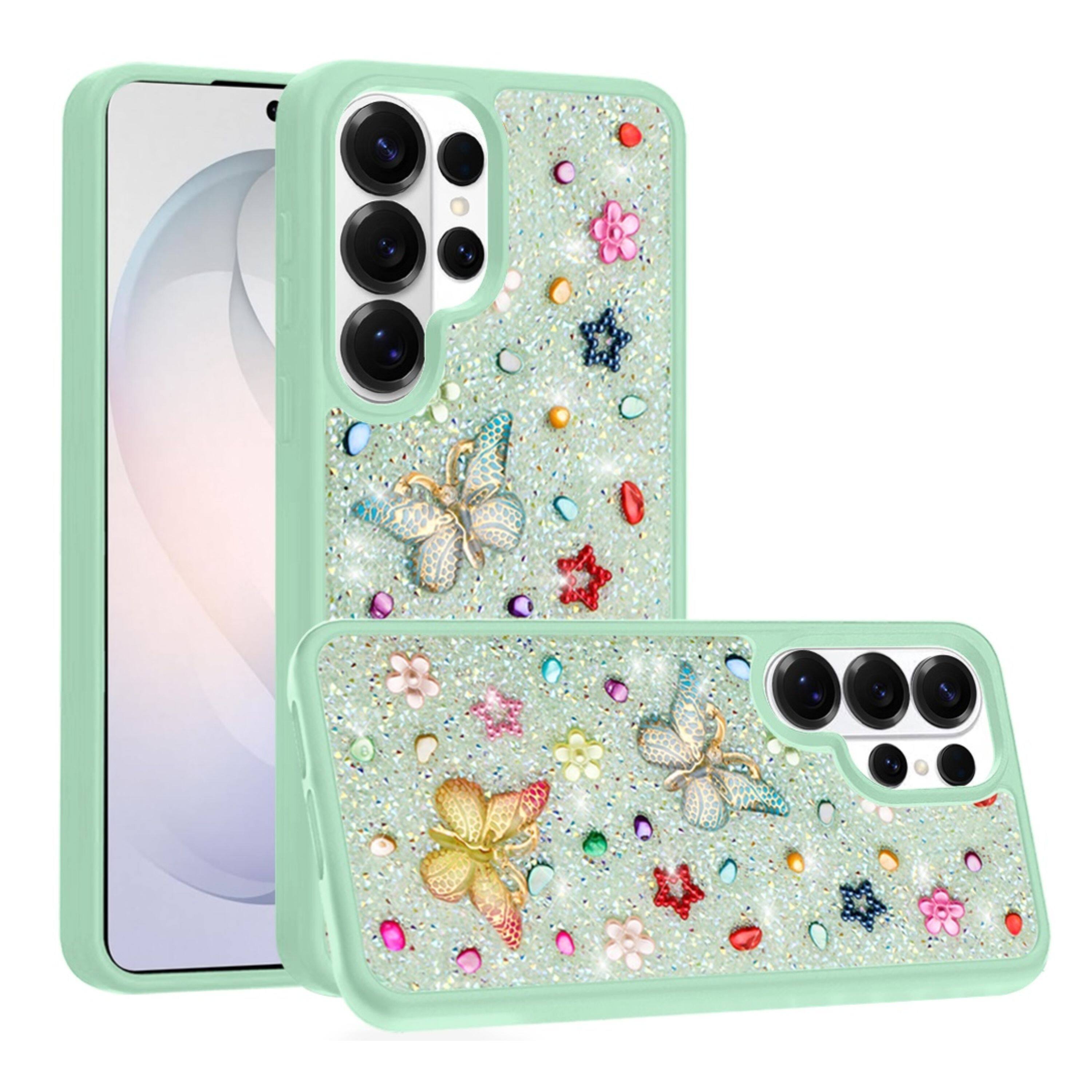 Angle. Kitcheniva - Butterfly 3D Jewel Glitter Phone Case With Tempered Glass For Samsung Galaxy S26 Ultra Teal - Teal.
