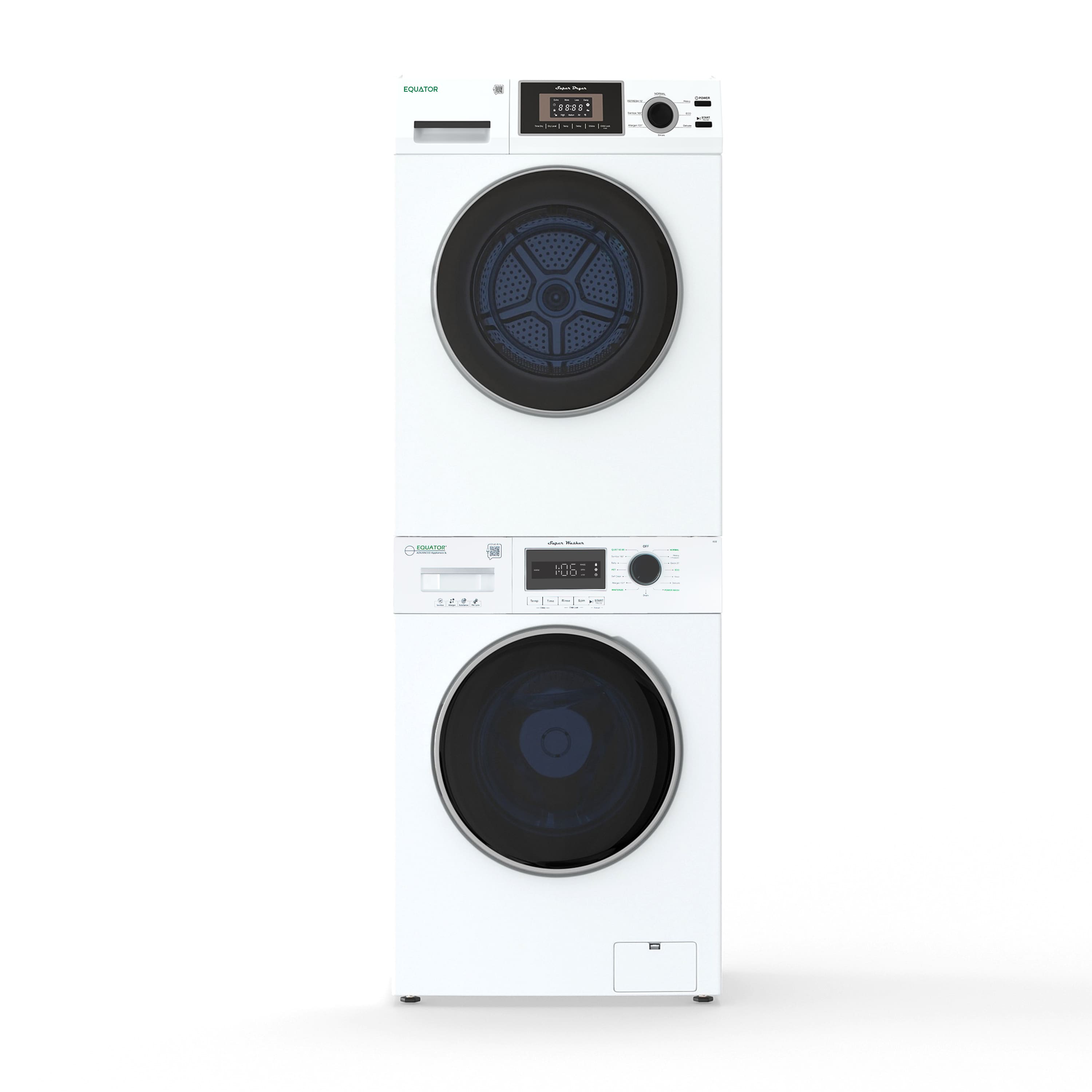 Equator - Compact Stackable Set EW 822 1.57cf Power Washer + ED 866 DL 3.1cf Vented Electric Sensor Dryer 110V - White