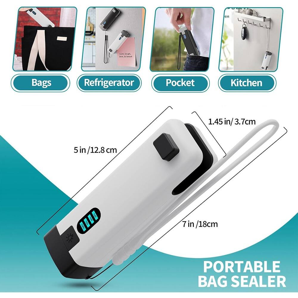- Bags
- Refrigerator
- Pocket
- Kitchen

1.45 in / 3.7 cm  
5 in / 12.8 cm  
7 in / 18 cm

PORTABLE BAG SEALER