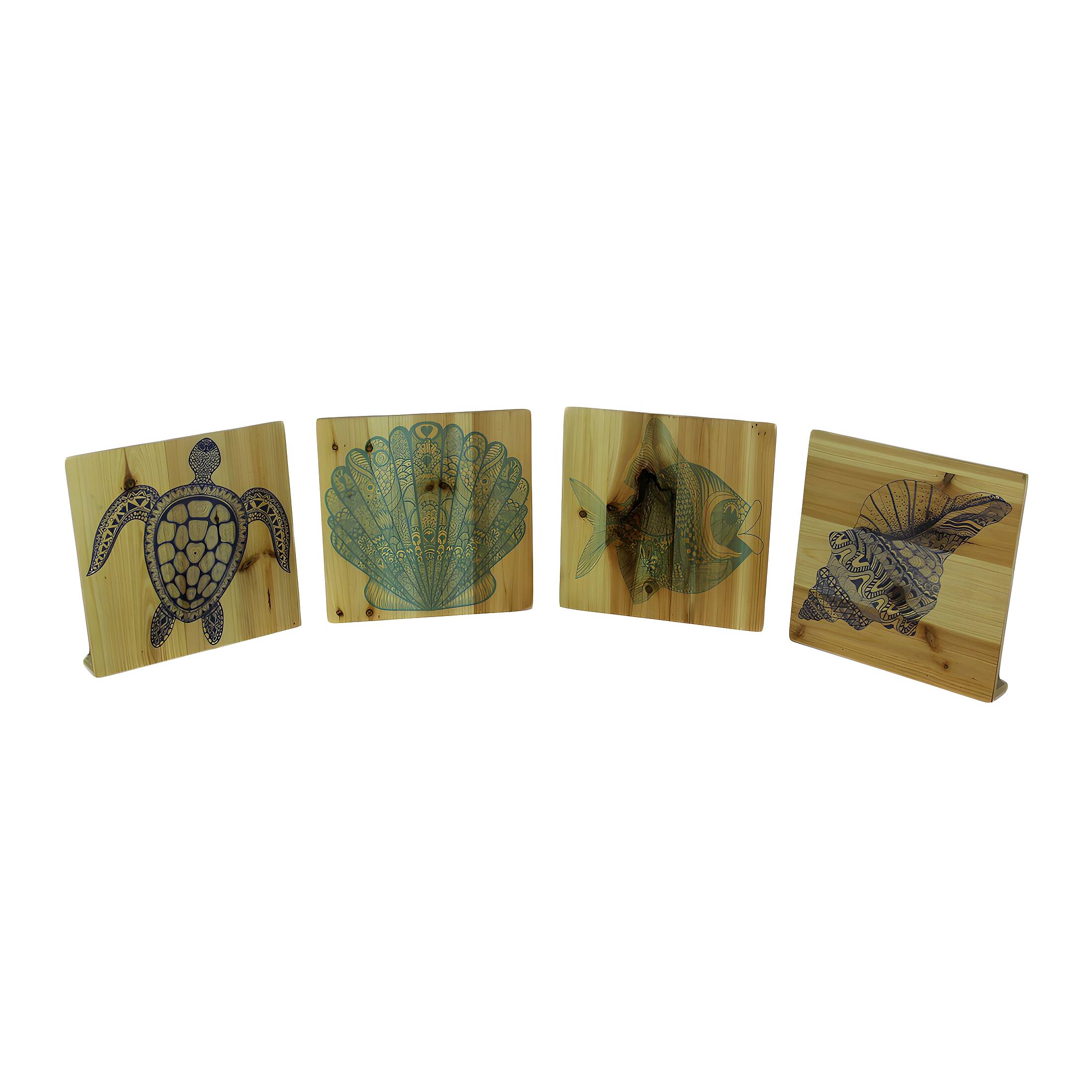Front. Transpac - Set of 4 Wood Turtle Fish and Shell Blocks - Tan.