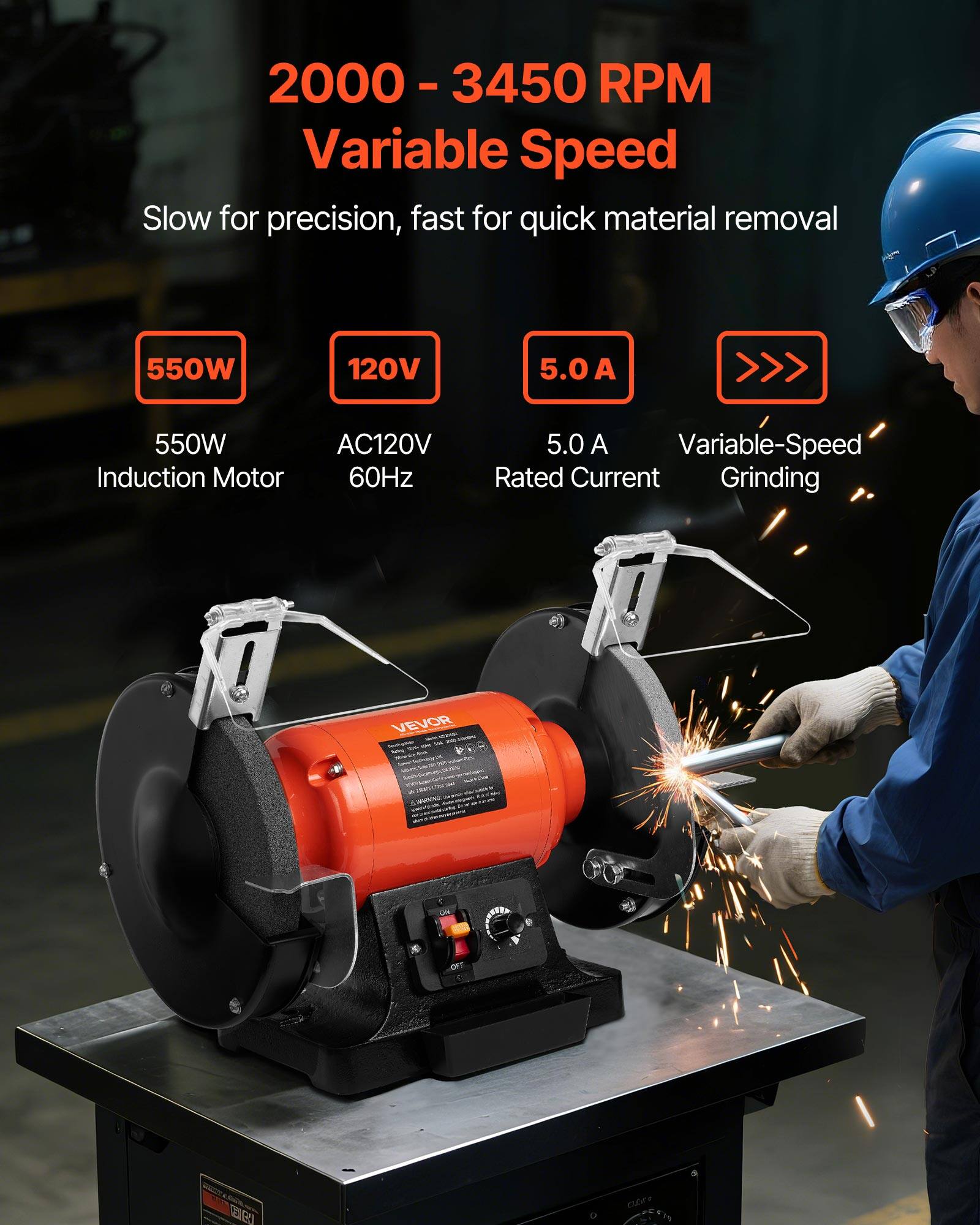 2000-3450 RPM Variable Speed  
Slow for precision, fast for quick material removal  
550W  
120V  
5.0A  
550W Induction Motor  
AC120V 60Hz  
5.0 A Variable-Speed Rated Current Grinding  
VEVOR