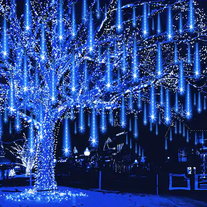 Front. GlowWise - Blue Falling Rain Lights, 12" 8-Tube Meteor Shower Outdoor String Lights for Xmas & Wedding Decor - blue.